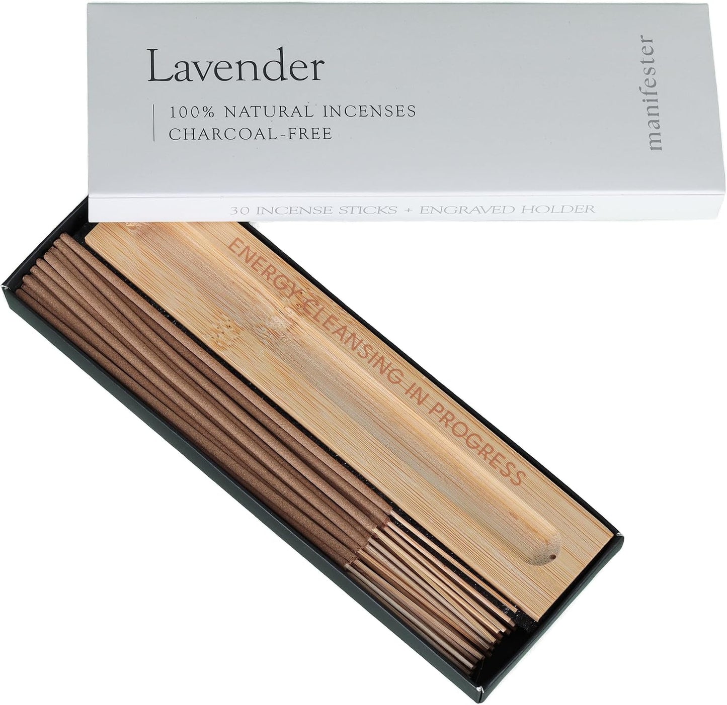Lavender Incense Sticks 100% Natural, Clean, Non Toxic, Charcoal Free - Energy Cleansing, Negativity Protection, New Home Spiritual Smudging Incenses - 30 Sticks & Bamboo Holder (Lavender)