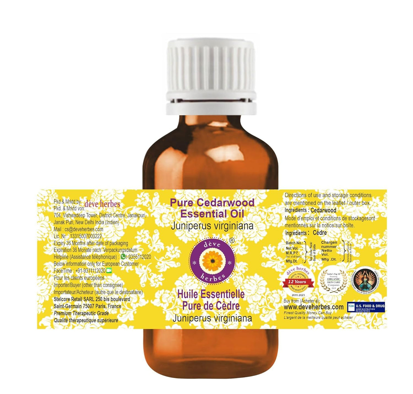 dève herbes Pure Cedarwood Essential Oil (Juniperus virginiana) Steam Distilled 5ml (0.16 oz)