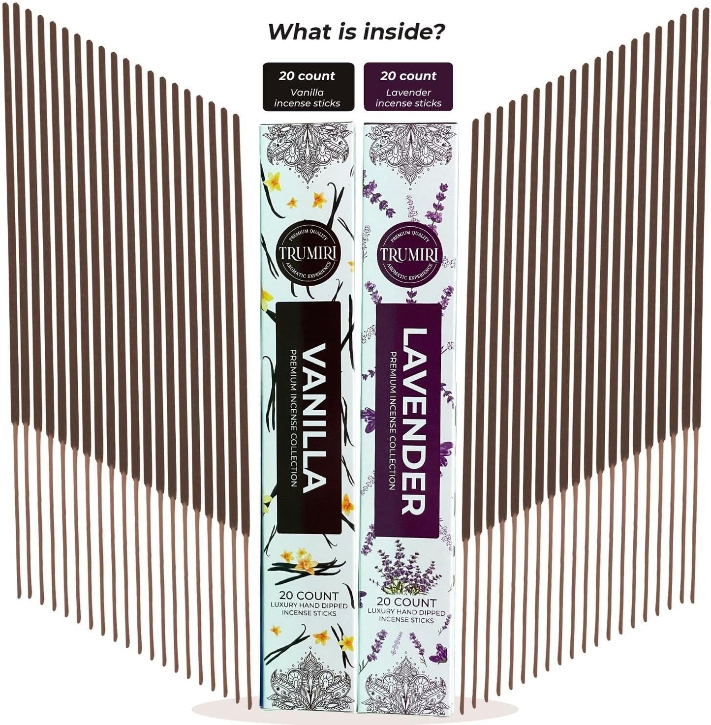 Trumiri Incense Sticks - Combo Pack of 40 Insence-Sticks - 20 Vanilla + 20 Lavender - Insenses - Insents - Incents - Inscense - Incence - Incienso - All Natural Incense Sticks