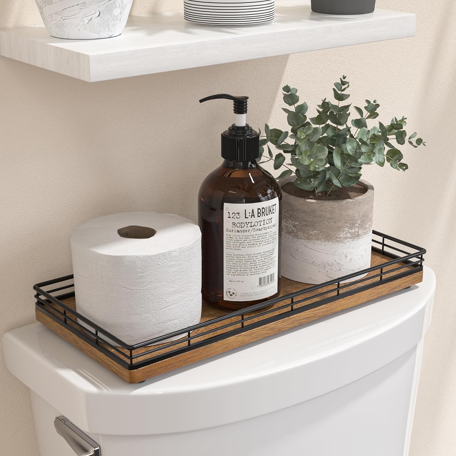 Acacia Bathroom Toilet Tank Tray, 13" Wood Toilet Paper Storage Basket Back of Toilet Basket Organizer, Vanity Tray for Perfume Makeup Candle Kitchen Counter Coffee Table Decor