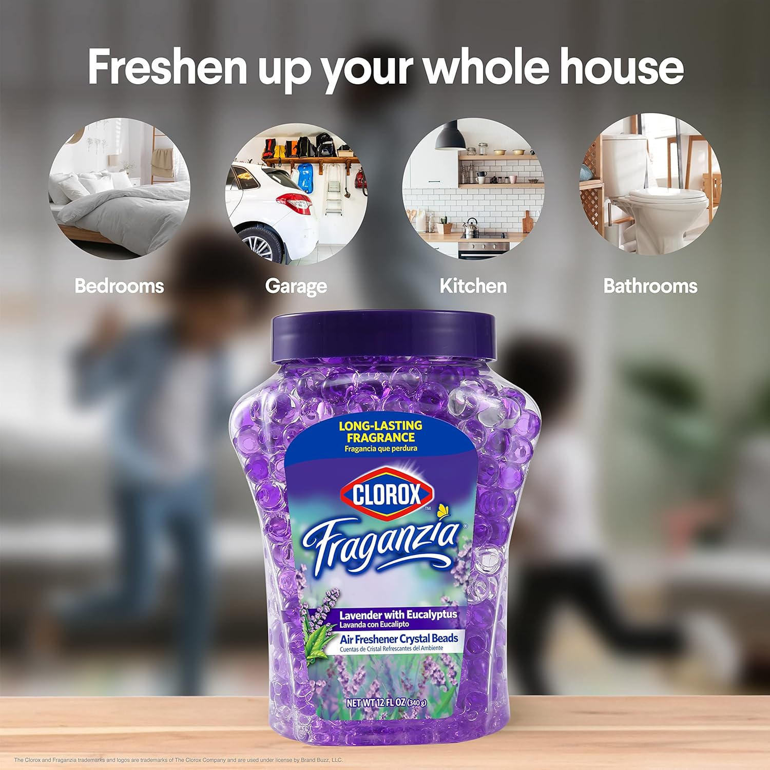 Clorox Fraganzia Crystal Beads Air Freshener, Long Lasting Room Deodorizer and Odor Eliminator Gel Beads to Freshen Home, Car, or Office, Lavender with Eucalyptus Scent, 12 Fl Oz