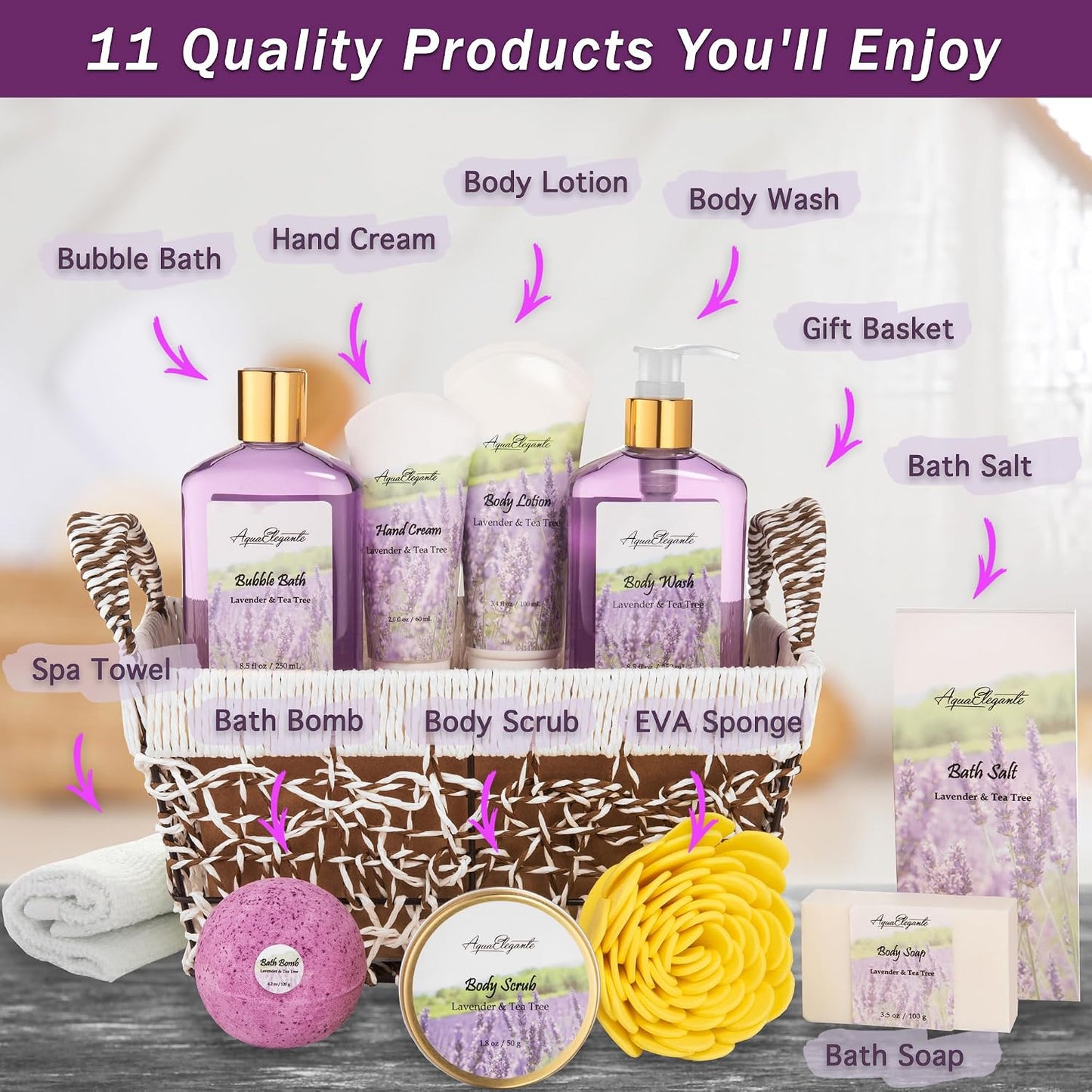 Aqua Elegante Bath Basket For Women - Deluxe Spa Set with Wash, Bubble Bath, Lotion, Salts, Body Scrub, Towel, Shower Puff, Bathbombs, Reusable Basket, Gifts for Mom, Wife, Her - Lavender & Tea Tree
