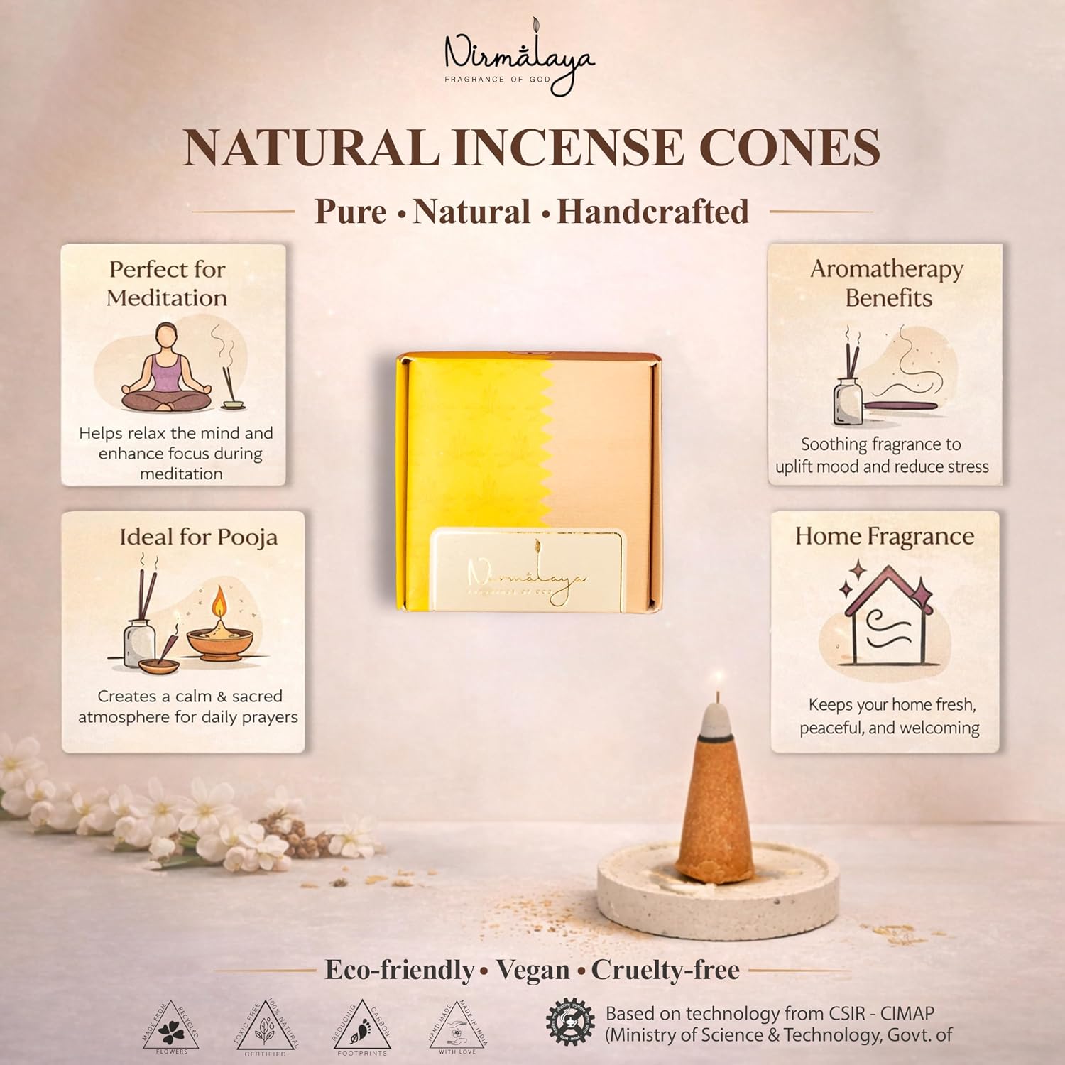 Nirmalaya Luxury Incense Cones | Handmade & Organic | Made in India from Recycled Flowers | Charcoal-Free, Bamboo-Free | 40 Cones, 100g (Jasmine)