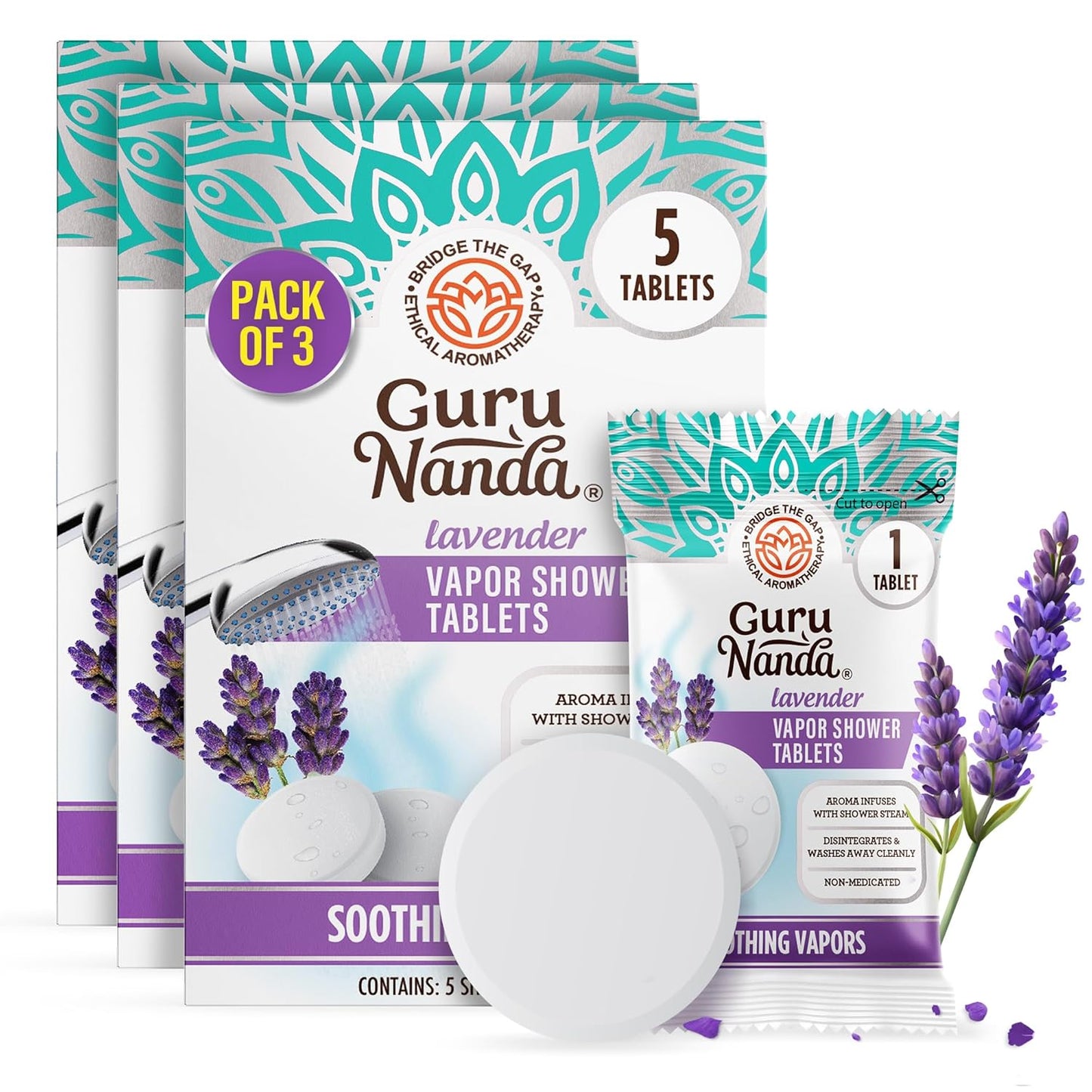 GuruNanda Lavender Vapor Shower Tablets, Clean-Dissolving Aromatherapy Shower Steamers with Lavender & Menthol, Soothes & Promotes Relaxation, Ideal for Gifting, 15 Count