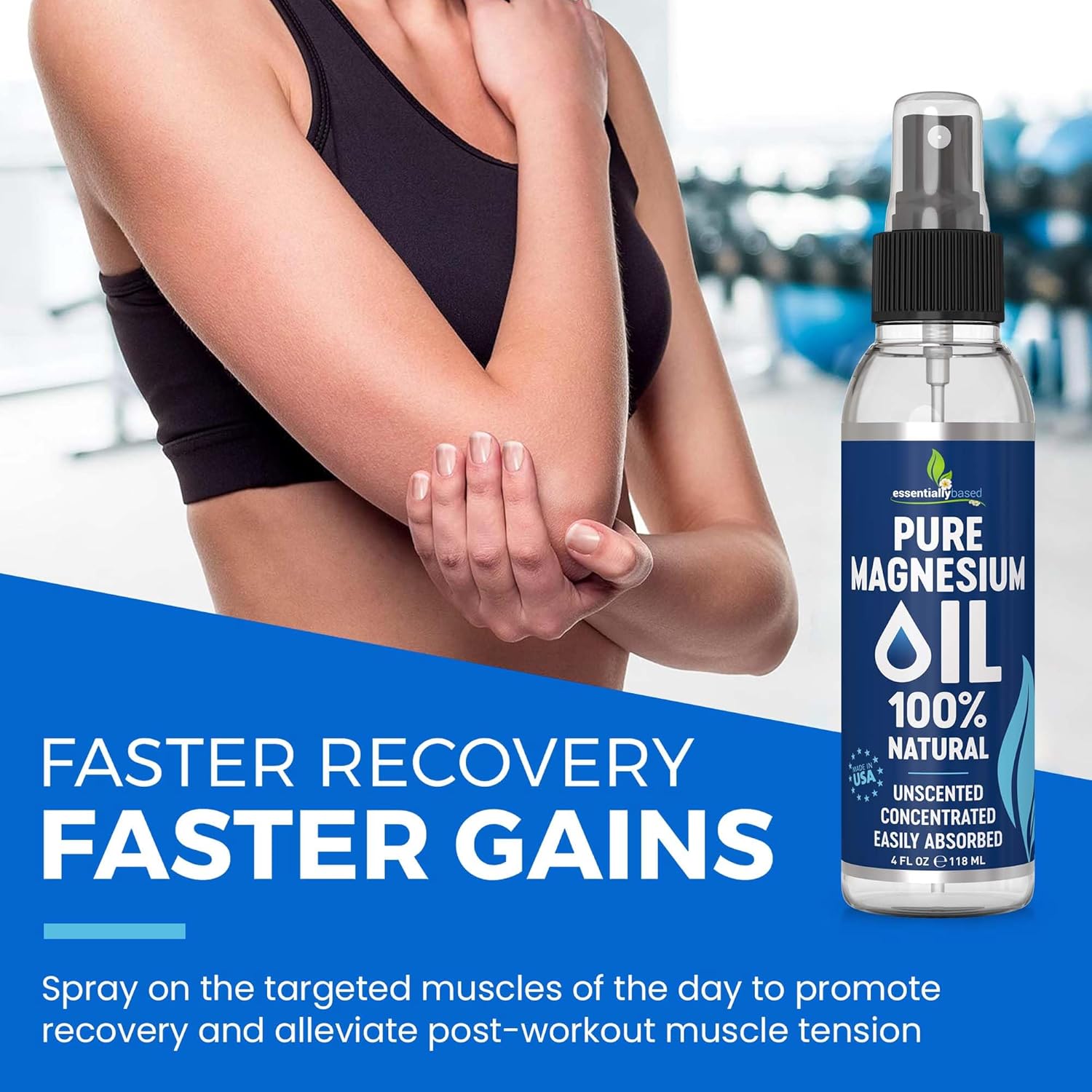 Pure Magnesium Oil Spray 4oz - Topical Magnesium Spray for Sleep & Feet - Extra Strength - USP Grade - 100% Natural and Organic Oil for Muscle Pain & Cramps - Less Sting - Less Itch - Made in USA