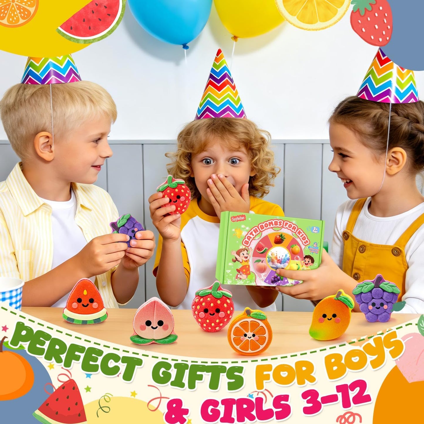Bath Bombs for Kids Fruit Themed, STEM 6 Pack Natural Organic Handmade Kids Bath Bomb, Gentle Skin-Friendly Bath Toys for Boys Girls, Children Daily Reward & Birthday Gift