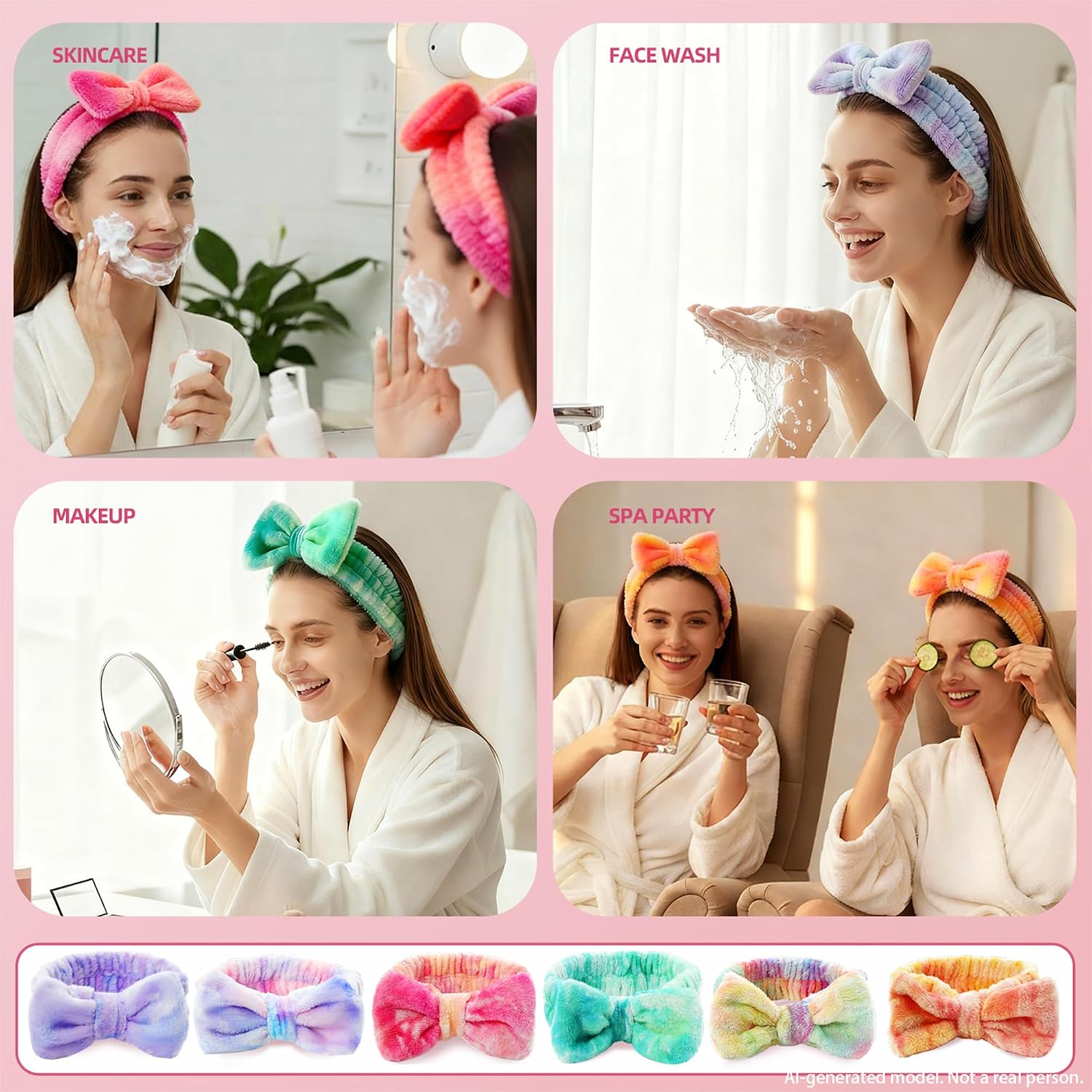6 Pcs Spa Headbands for Washing Face | Skincare Headband with Removable Bow, Furry Face wash Headbands, Makeup Headbands for Women, Teen, Girls