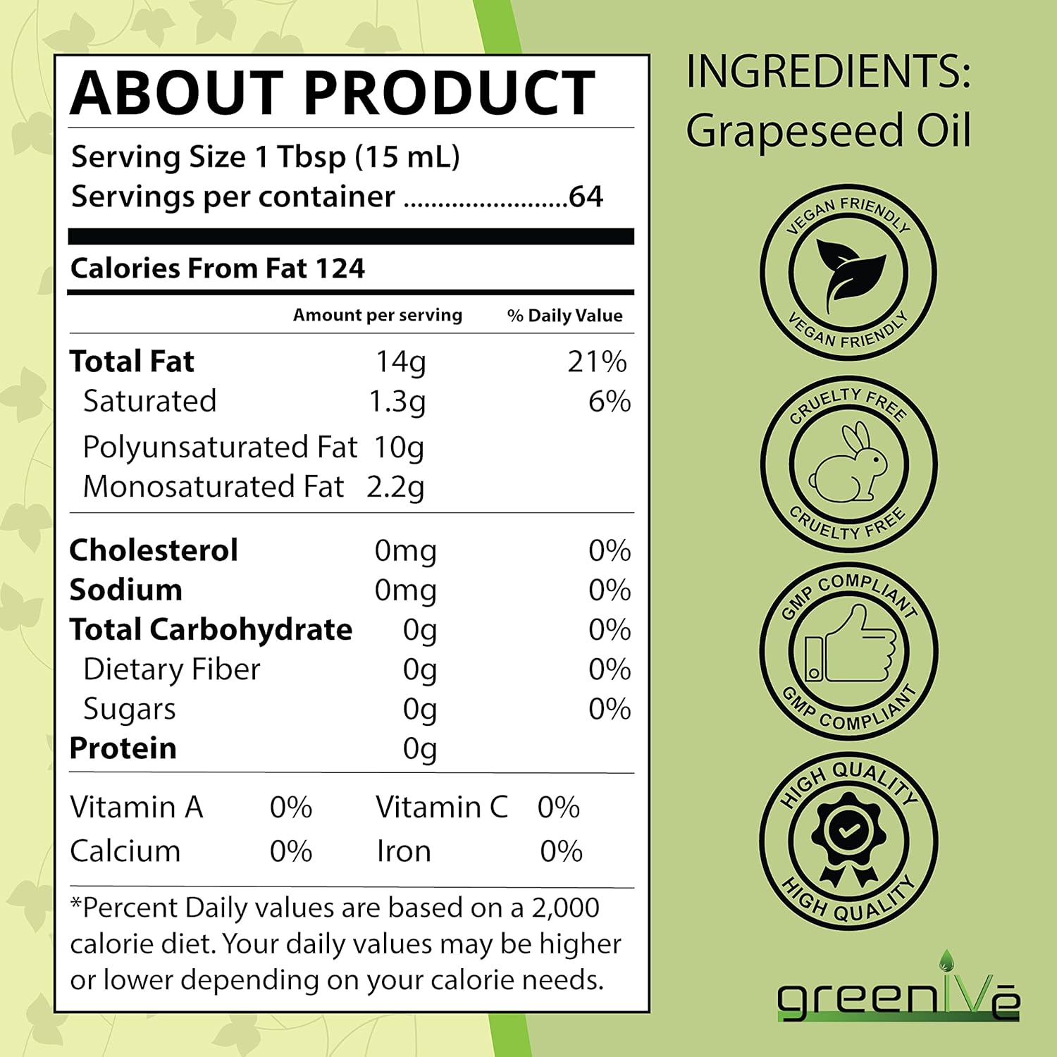 GreenIVe Grapeseed Oil Naturally Grown 100% Pure Cold Pressed Light Flavor High Tempurature Cooking 32oz