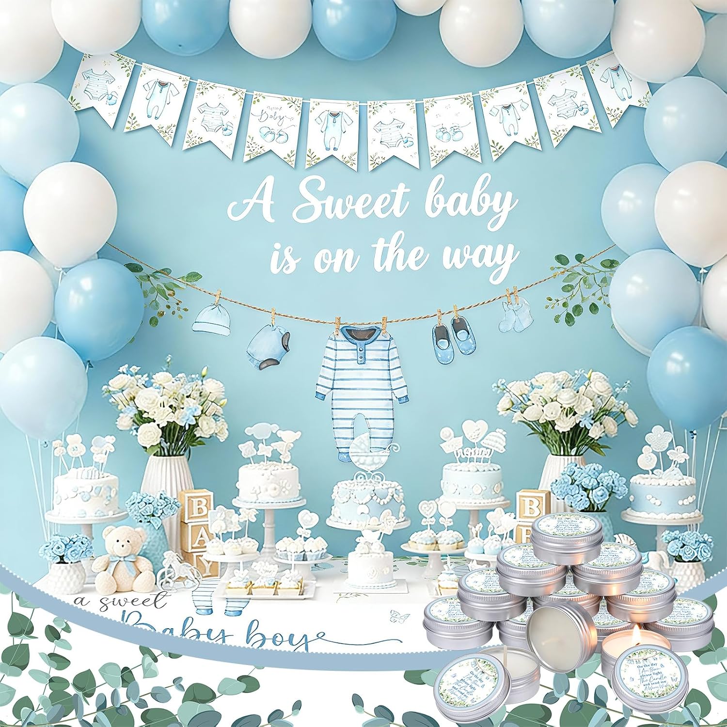 MTLEE 50 Pcs Greenery Baby Shower Scented Candles for Boy Gift Travel Tin Candle Aromatherapy Candle Favors for Winter Baby Shower Favors Wedding Gifts, Compound Scent Essential Oil