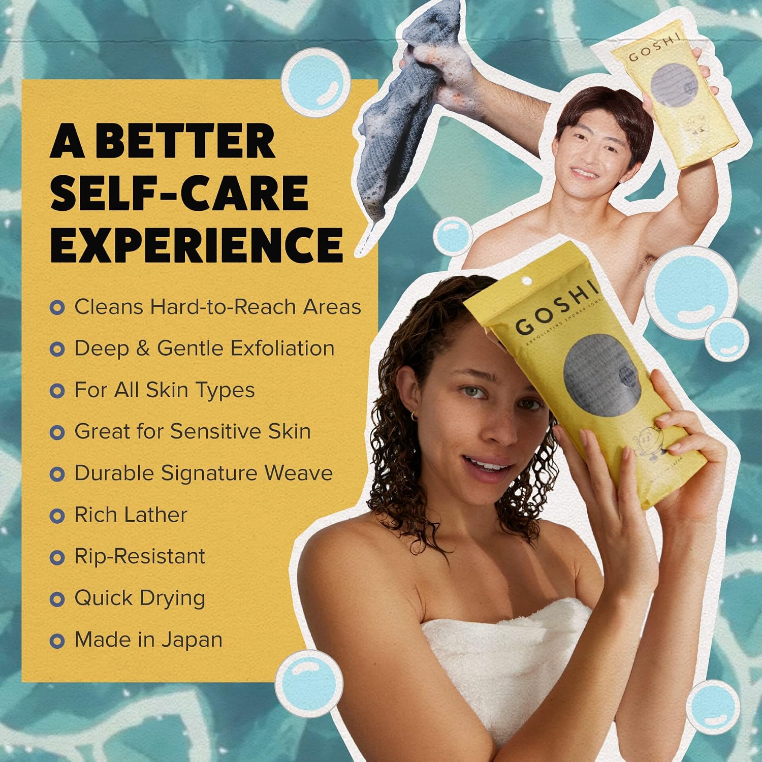 GOSHI Exfoliating Shower Towel - Long Body Scrubber for Back Acne, KP & Smooth Skin - Durable Rip-Resistant Weave, Quick-Dry Nylon Washcloth - Ethically Crafted in Gunma, Japan - Grey