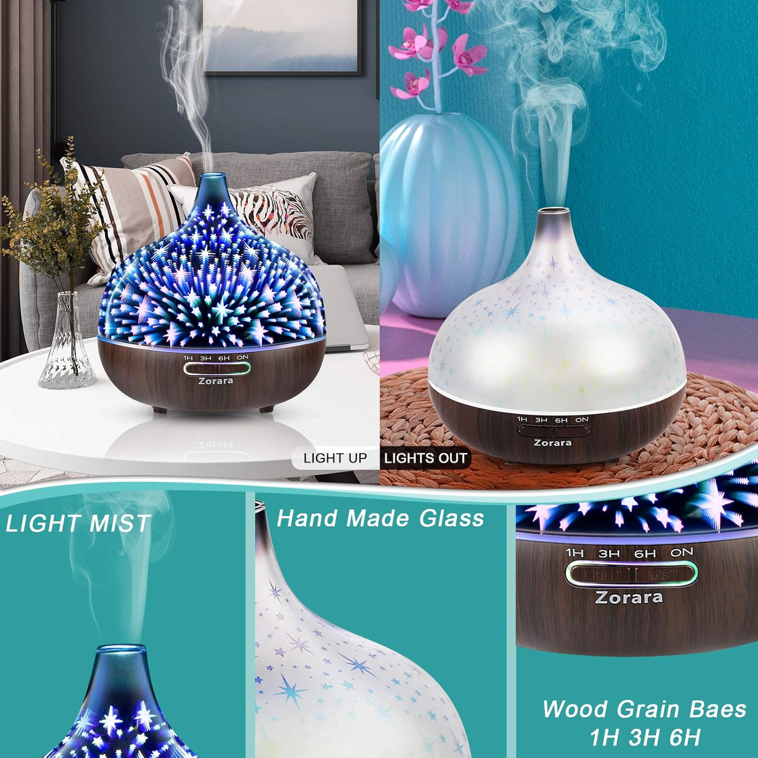 Essential Oil Diffuser 550ml Cool Mist Humidifier 3D Glass Ultrasonic Aromatherapy Humidifier with 7 Color Changing Led Lights, Waterless Auto Shut-Off, Adjustable Timer, Remote Control, Star