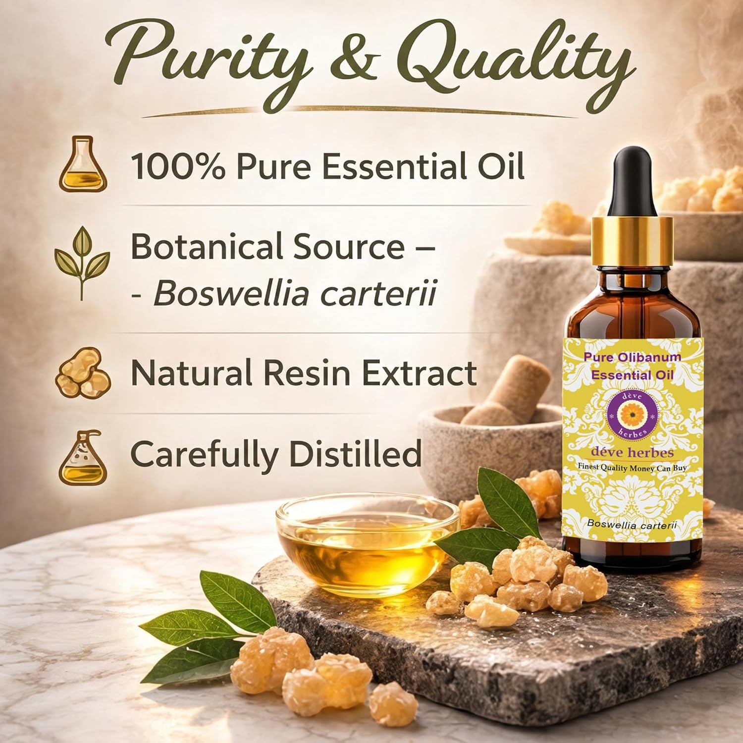 Deve Herbes Pure Olibanum Essential Oil (Boswellia carterii) with Glass Dropper Steam Distilled 30ml (1 oz)