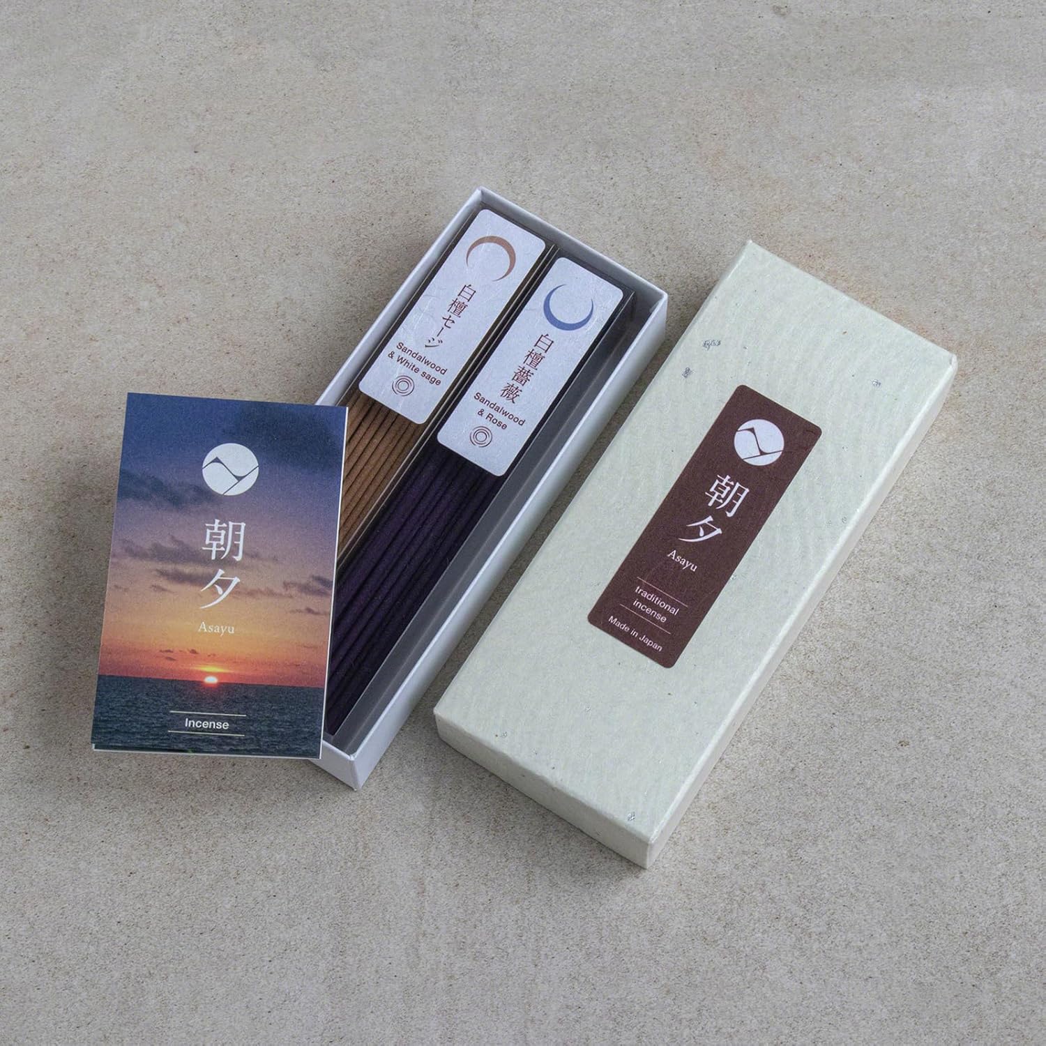 Asayu Japan Traditional Incense Sticks - Purification Set (Sandalwood & White Sage + Sandalwood & Rose), 40gr (Each Scent 20g), for Yoga, Zen Meditation and Relaxation - Traditional Smoke Type