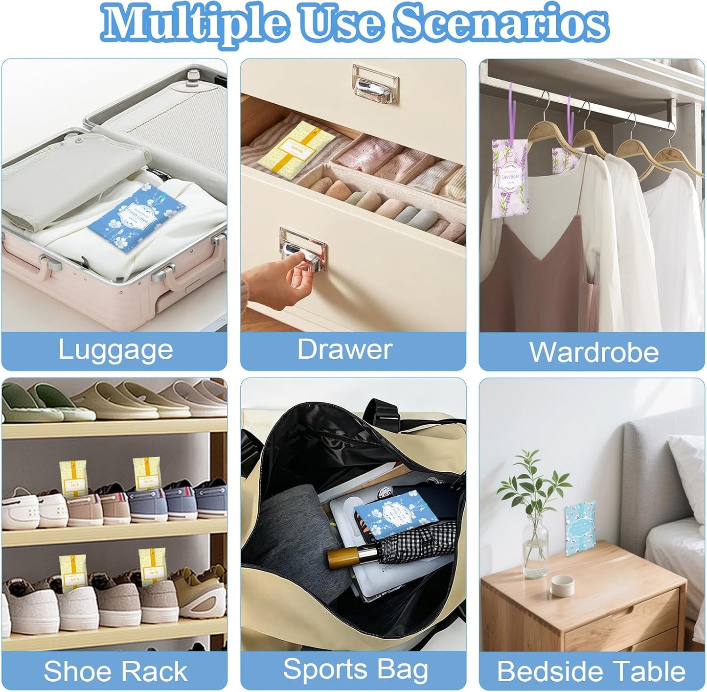 STRN Scented Sachets for Drawer and Closet, 4 Scents Linen, Lavender, Pure Cotton, Vanilla, 16 Packs Long-Lasting Sachets for Home Fragrance, Small Space Air Freshener for Wardrobes