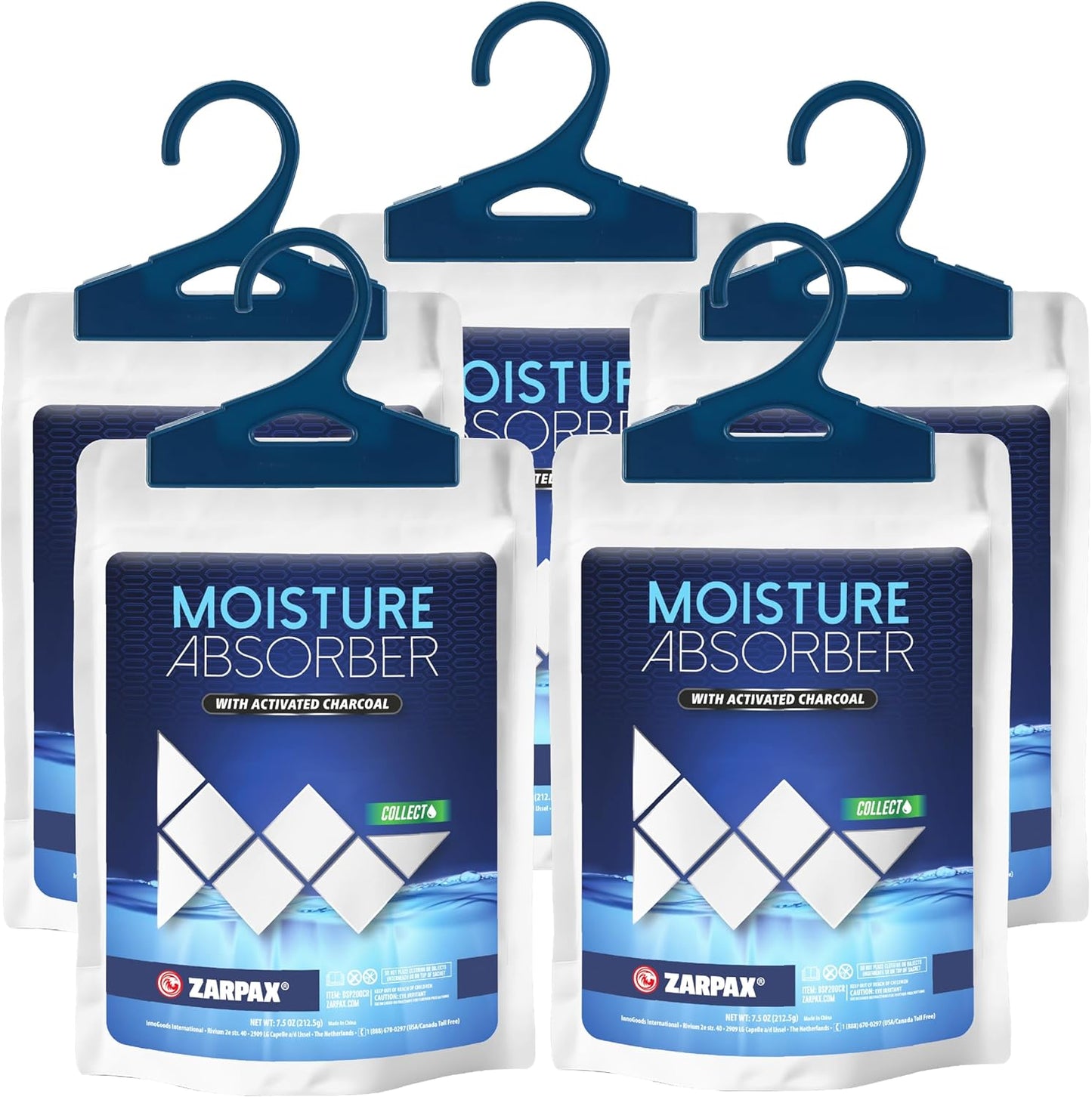 Zarpax Moisture Absorber Sachets Activated Charcoal 7.5 oz/212g - Remove Excess Moisture In Air & Odor - Desiccant Dehumidifier for Closet, Drawer, Storage - Dampness & Humidity Control - Set of 5