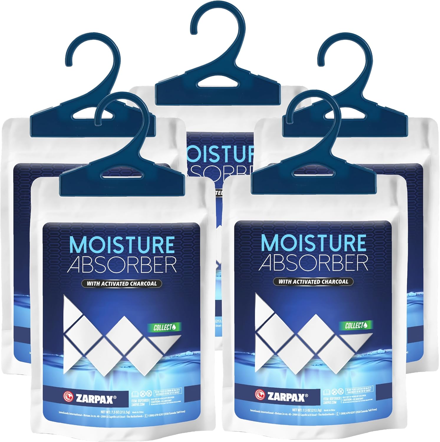 Zarpax Moisture Absorber Sachets Activated Charcoal 7.5 oz/212g - Remove Excess Moisture In Air & Odor - Desiccant Dehumidifier for Closet, Drawer, Storage - Dampness & Humidity Control - Set of 5