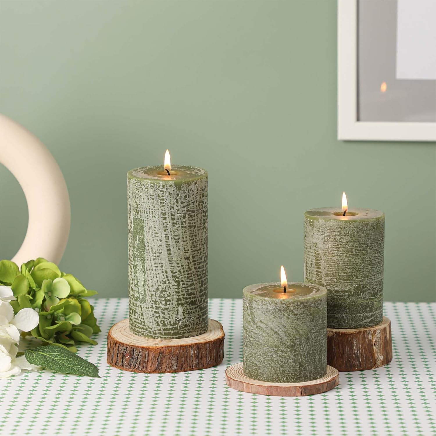 3x4 Inch Moss Green Pillar Candles - Set of 3, Long Clean Burning, Smokeless Dripless Candles for Spring Home Decor, Dinner Table, Bathroom, Rustic Decor