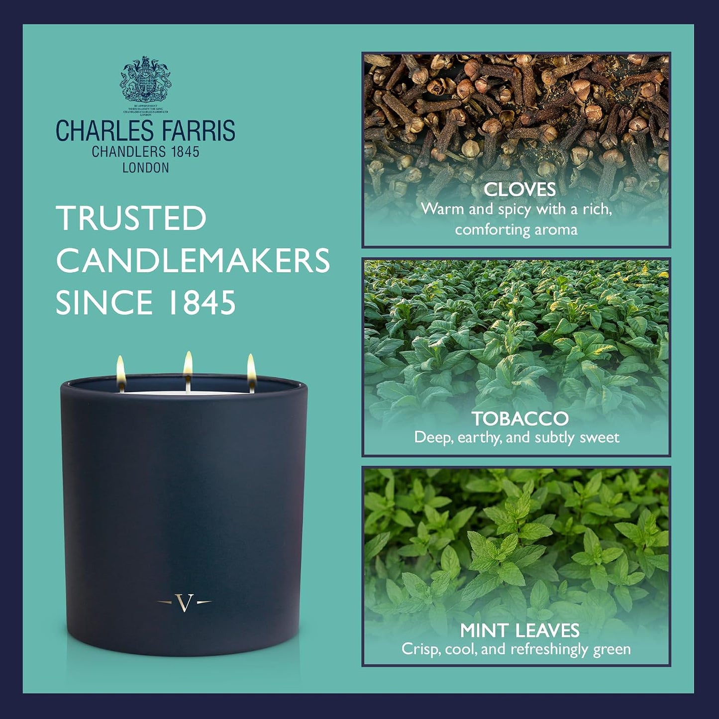 Charles Farris Luxury Scented Candle – 3 Wick, Hand-Poured, Long Lasting, Clean Burning, 640g / 22.5oz, Up to 80 Hours of Burn Time, Made in England – Cloves, Tobacco & Mint Tea – British Expedition