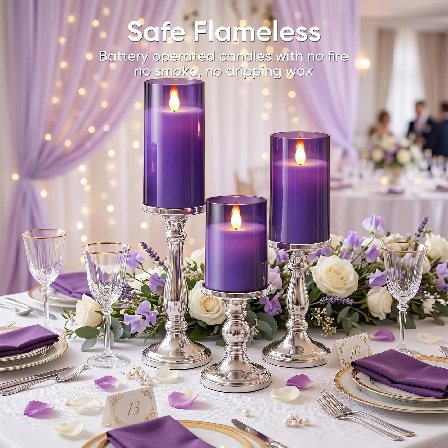 Homemory Purple Flameless Candles, Flickering Battery Operated LED Pillar Candles with Remote Timer, Acrylic Violet Fake Candles, Decorative Candles for Home Wedding Party Halloween Decor, Set of 3
