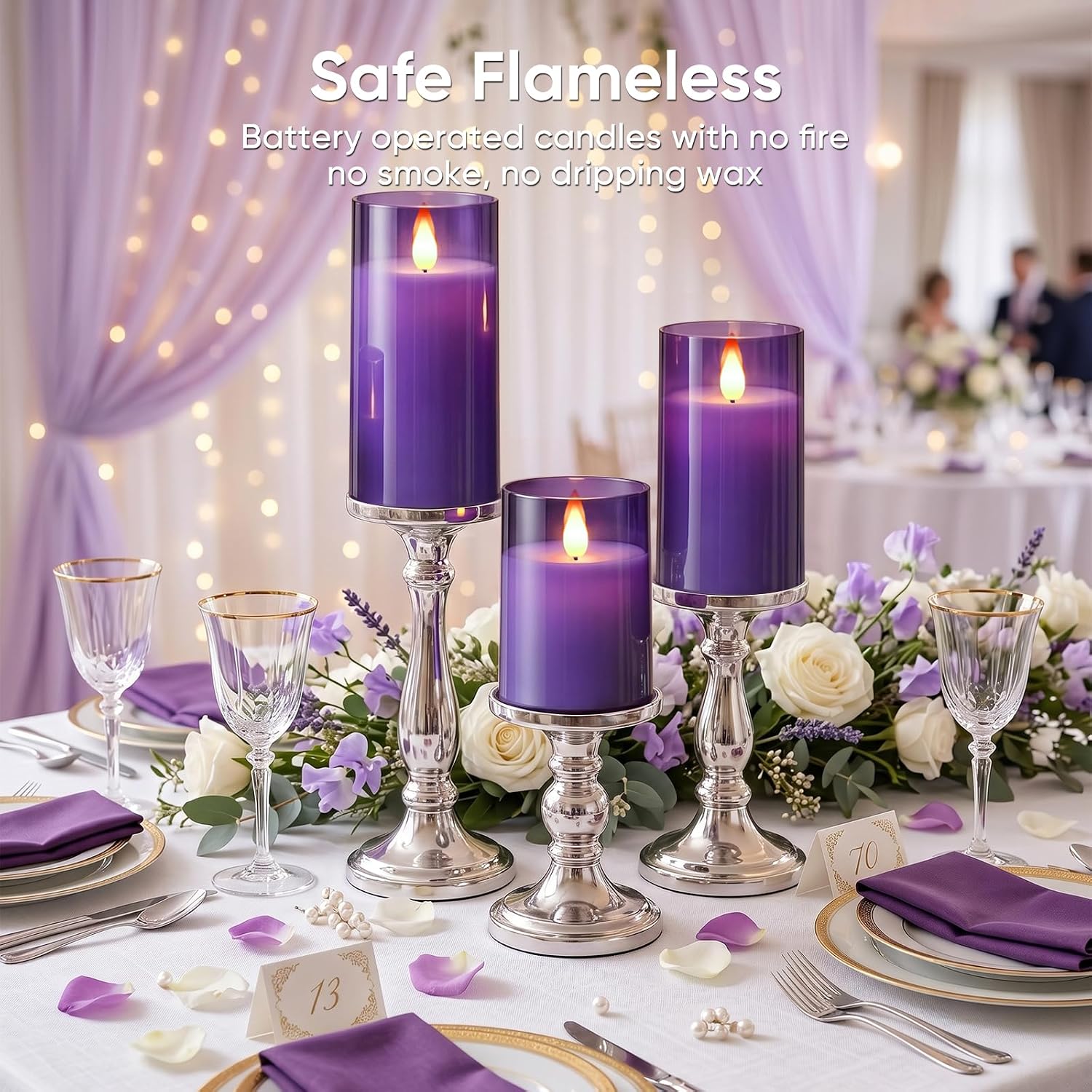 Homemory Purple Flameless Candles, Flickering Battery Operated LED Pillar Candles with Remote Timer, Acrylic Violet Fake Candles, Decorative Candles for Home Wedding Party Halloween Decor, Set of 3