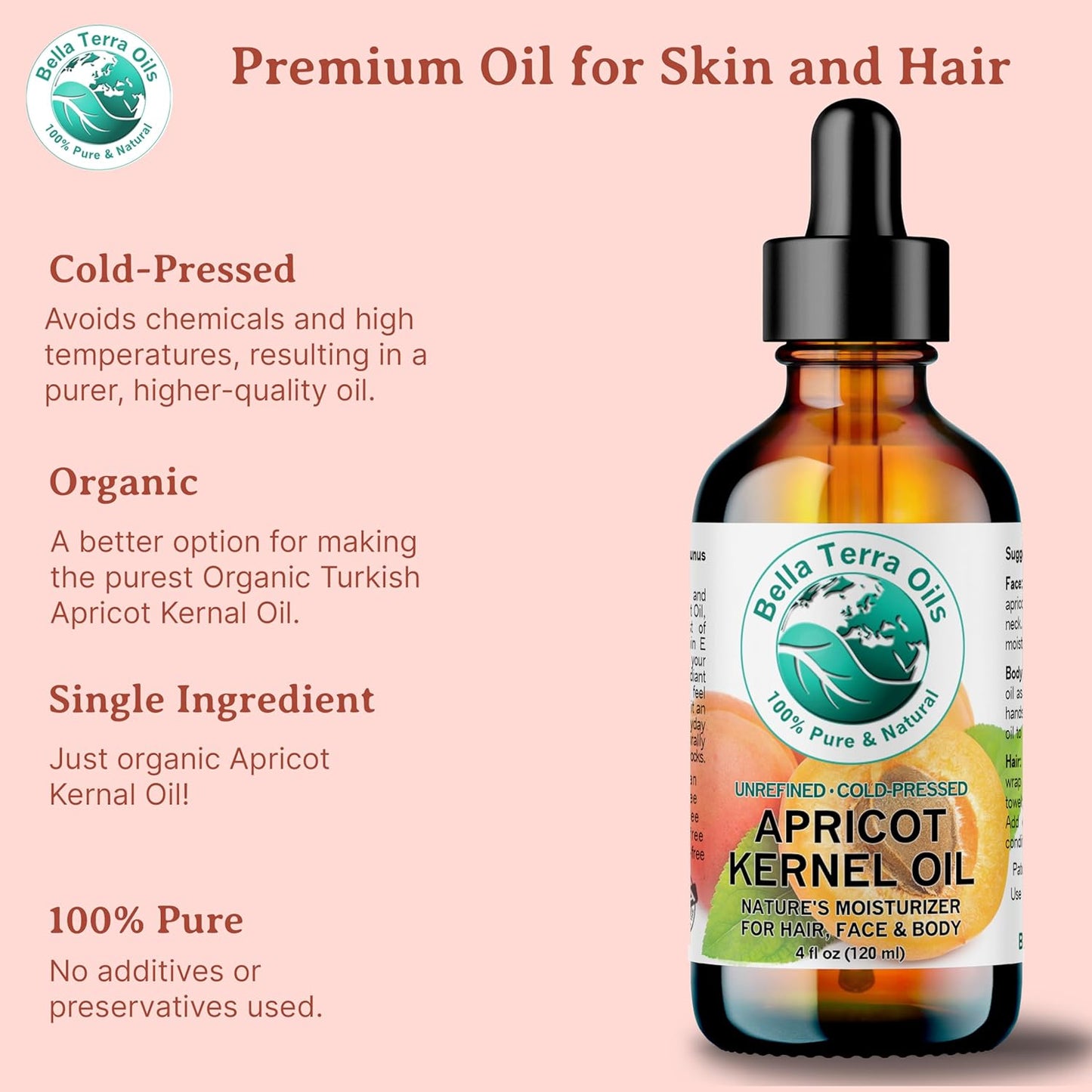 Bella Terra Oils - Organic Apricot Kernel Oil 16 oz - Cold-Pressed Nutritional Wonder, Packed with Antioxidants, Ideal Carrier Oils for Essential Oil Blends