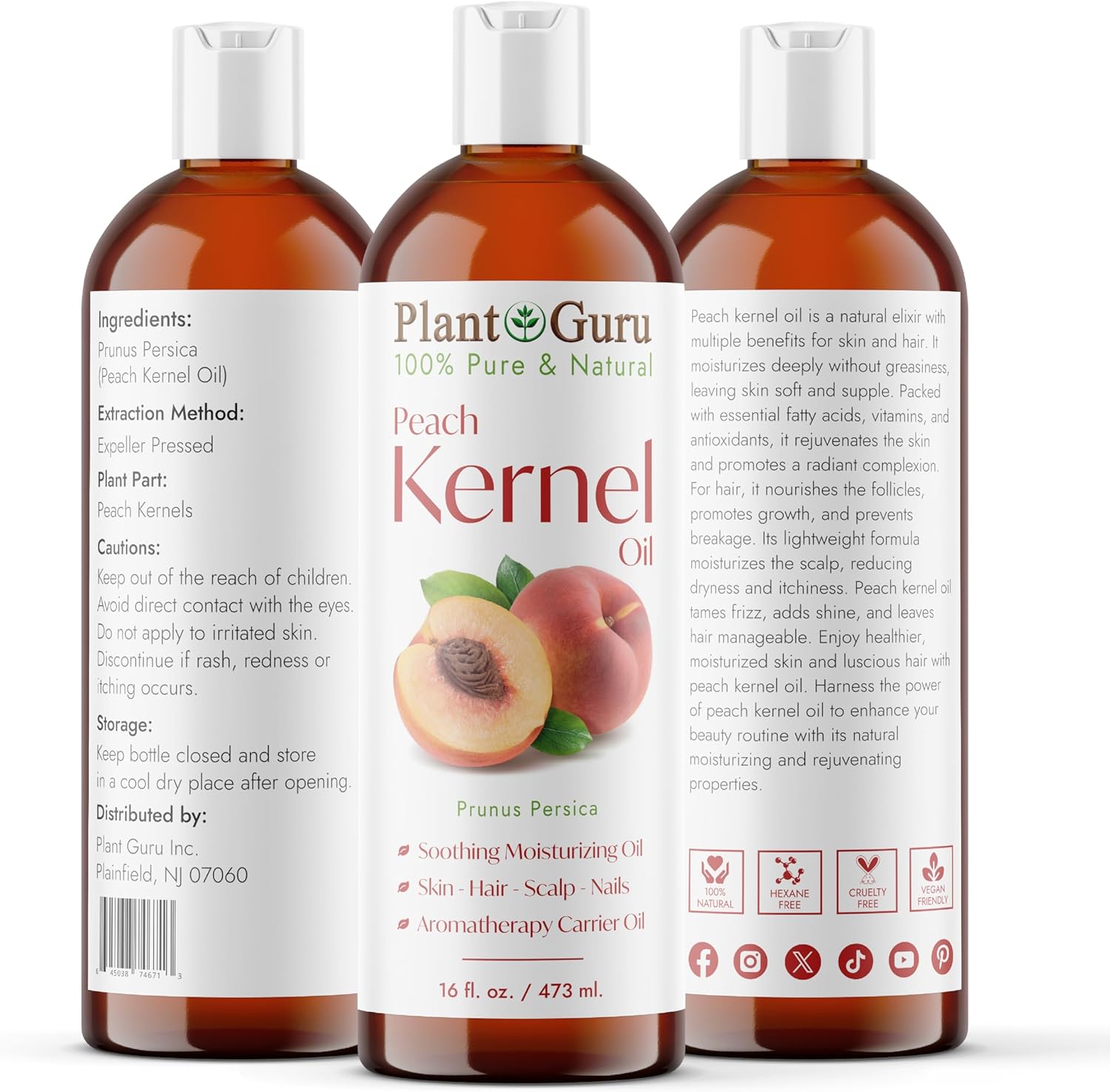 Peach Kernel Oil 16 fl. oz. Cold Pressed 100% Pure & Natural Carrier – Ideal for Skin, Face, Body, and Hair Moisturizer. Great for DIY Creams, Lotions, and Lip Balms.