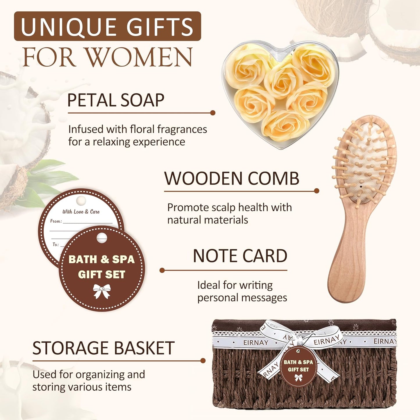 Gifts For Women - 16 PCS Birthday Gift Basket for Women Set of Coconut Vanilla Self Pampering Set, Includes Luxurious Home Spa Shower Gel Bubble Bath