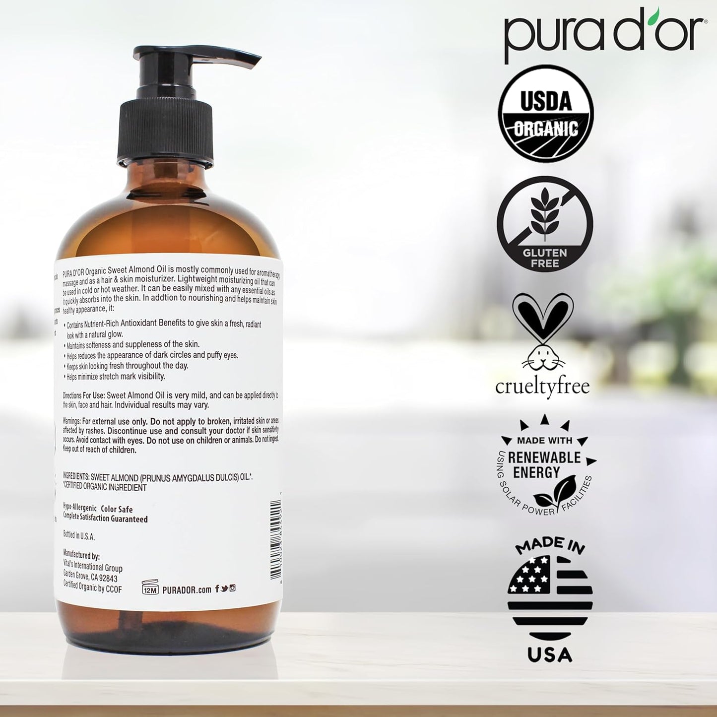 PURA D'OR ORGANIC Sweet Almond Oil (16.9 Oz GLASS BOTTLE) 100% Pure & Natural USDA Certified