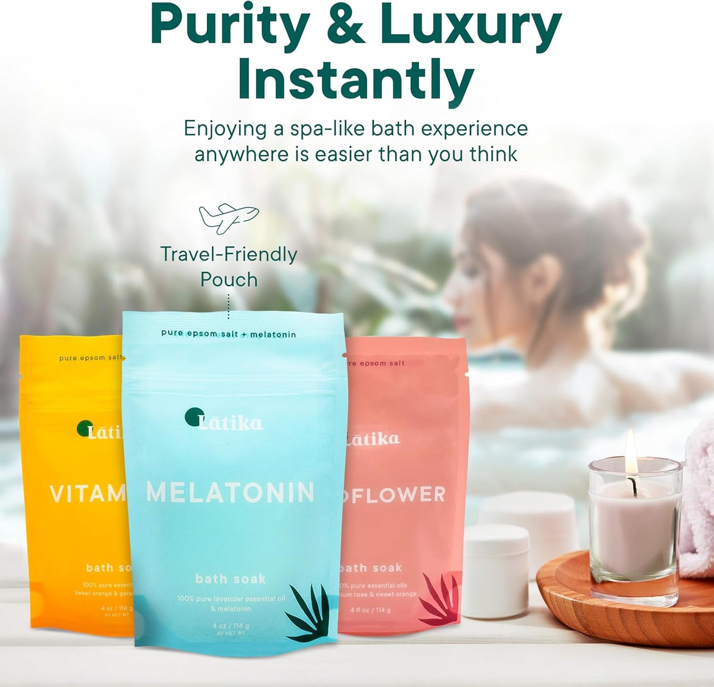 Latika Bath Soak Stress Relief Set of 3 - Wildflower, Melatonin, Vitamin C - Moisturizing Bath Soak with Epsom Salt & Essential Oils for Stress Relief, Muscle Recovery, & Relaxation - At-Home Spa