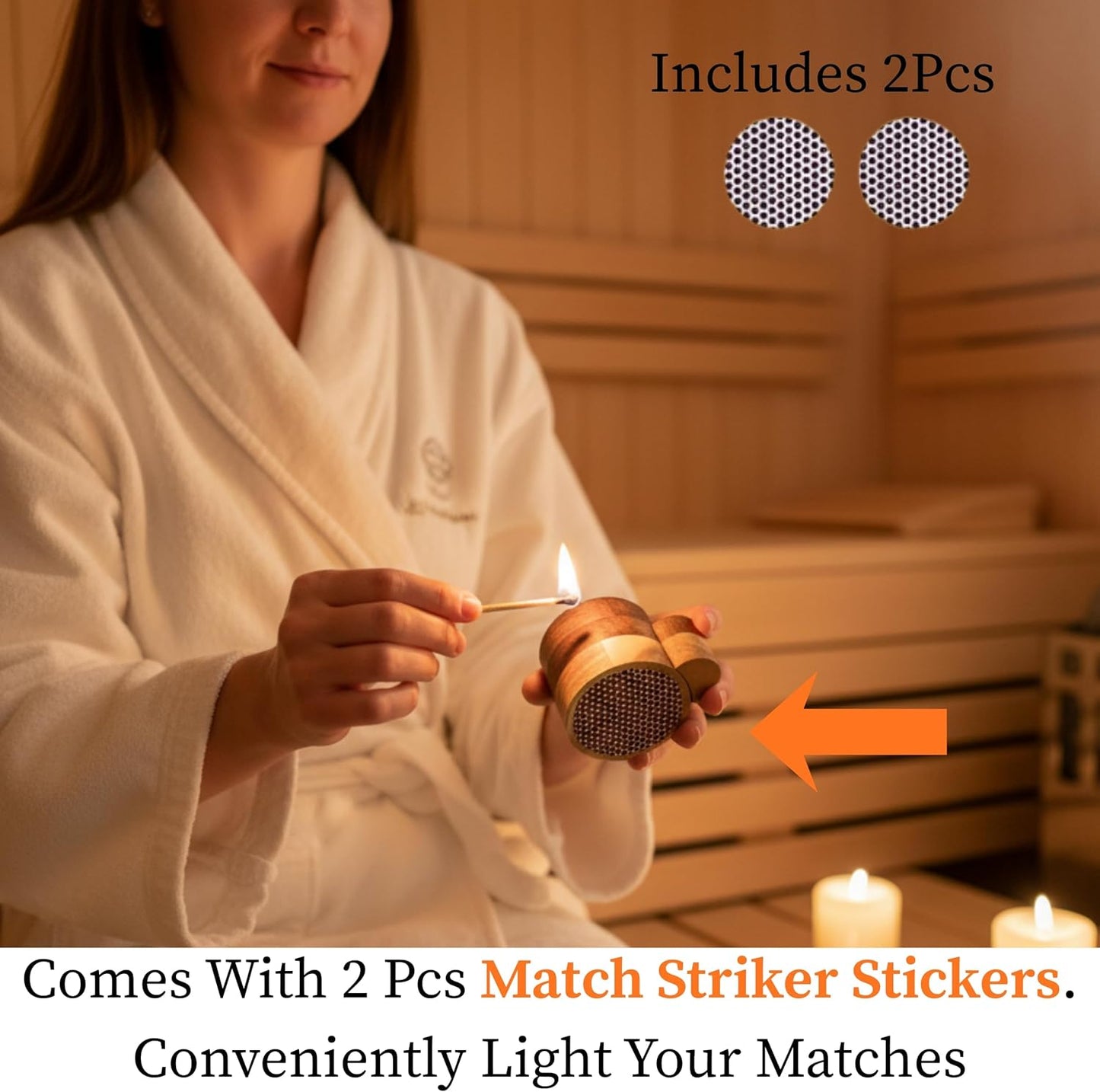 The Easy Strike Acacia Wood Match Holder with Striker & Extra Striker Pad - 3.25" x 2" Decorative Matchstick Organizer for Fireplace, Candles, Home Decor Gift, Matches Not Included (1 Pcs)