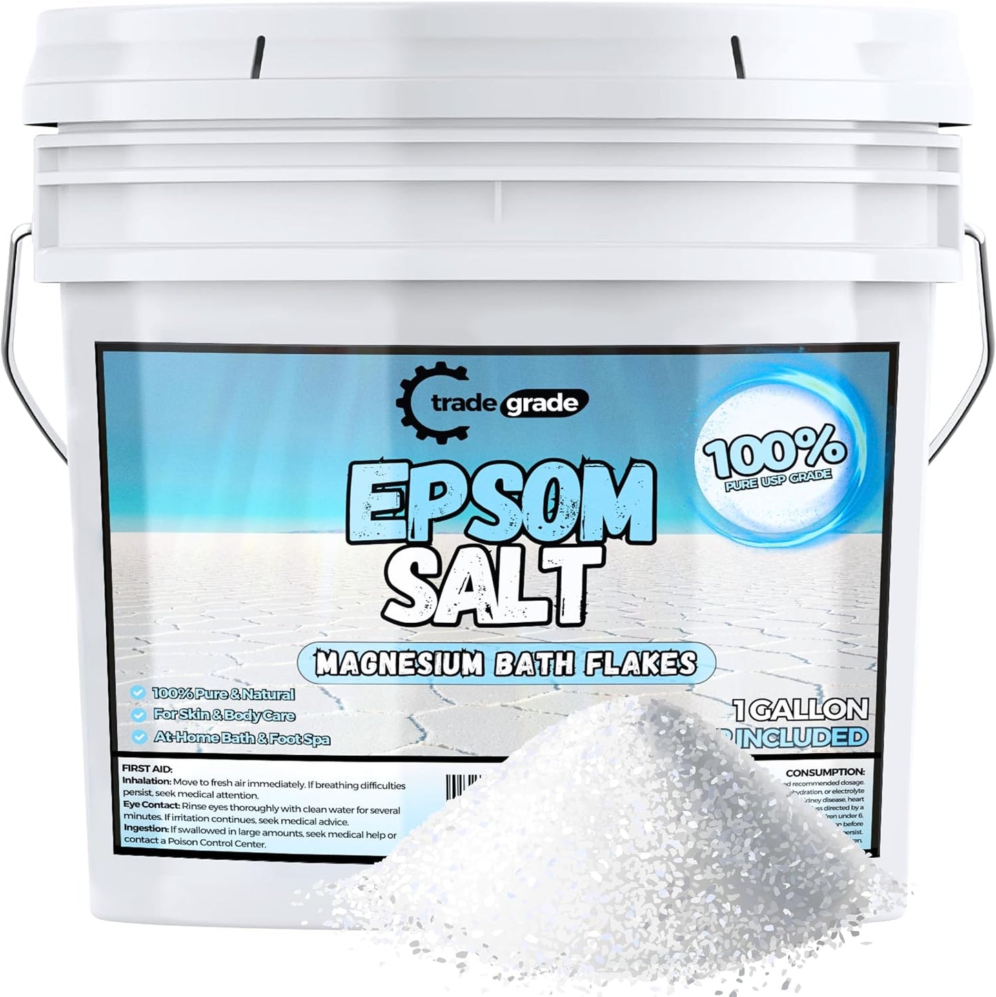 TradeGrade Epsom Salt Bath Soak 1 Gallon Bucket – Unscented, Pure Epsom Salt Bulk Crystals, Magnesium Sulfate for Full Body or Foot Soaks, Resealable Container for Home Bath Use
