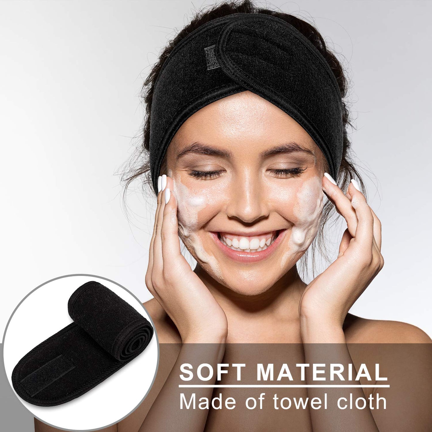 Whaline 3Pcs Spa Facial Headband Make Up Wrap Head Terry Cloth Headband Adjustable Washable Towel for Shower Makeup Face Washing Skincare Facial Treatment Sport Fits (White, Black, Pink)