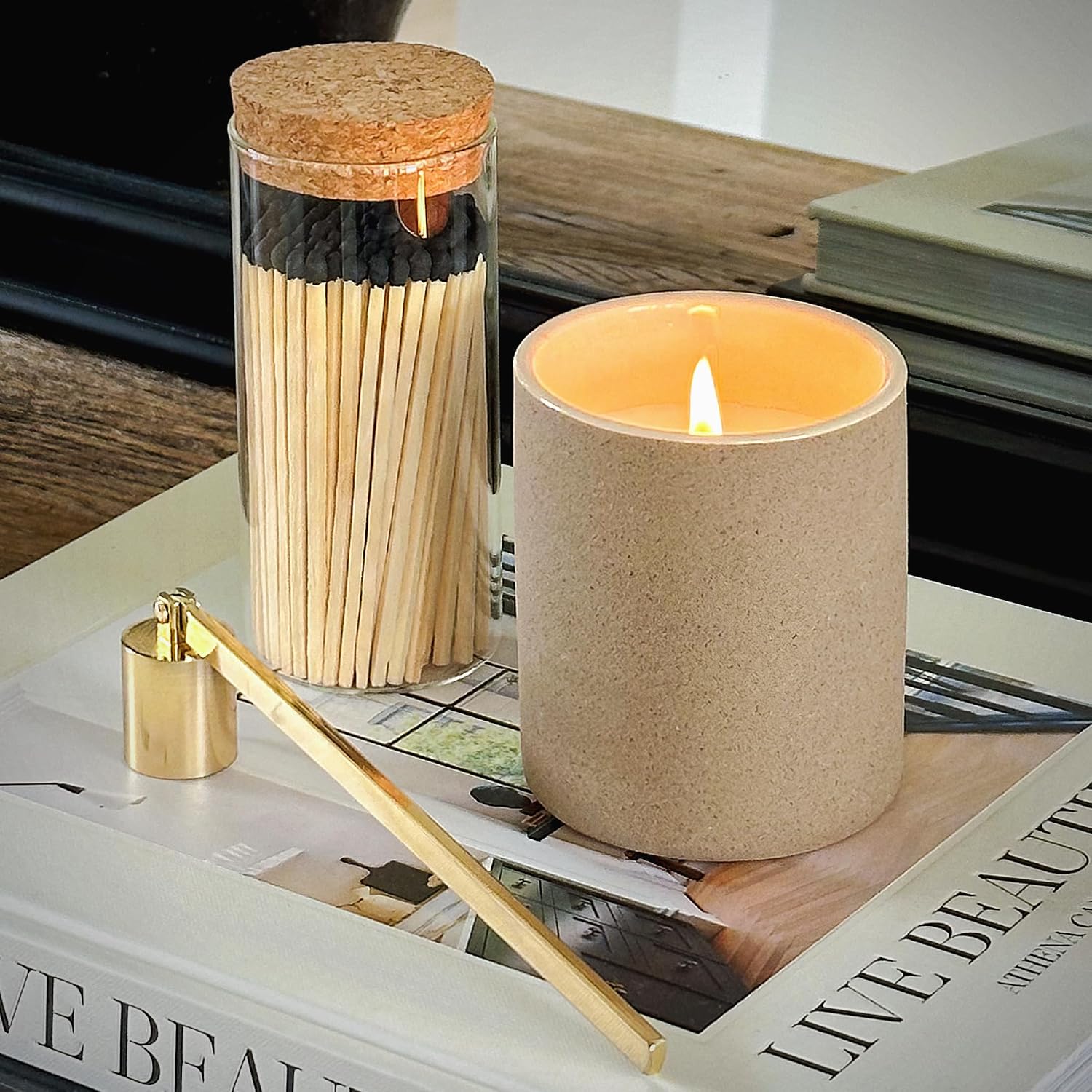 Decorative Matches in a Glass Jar | 4" Light Pink Long Matches (100 Match Sticks) + Cork Top Glass Holder + Striker Stickers | Gifts, Décor, & Candle Accessories | by Thankful Greetings, USA