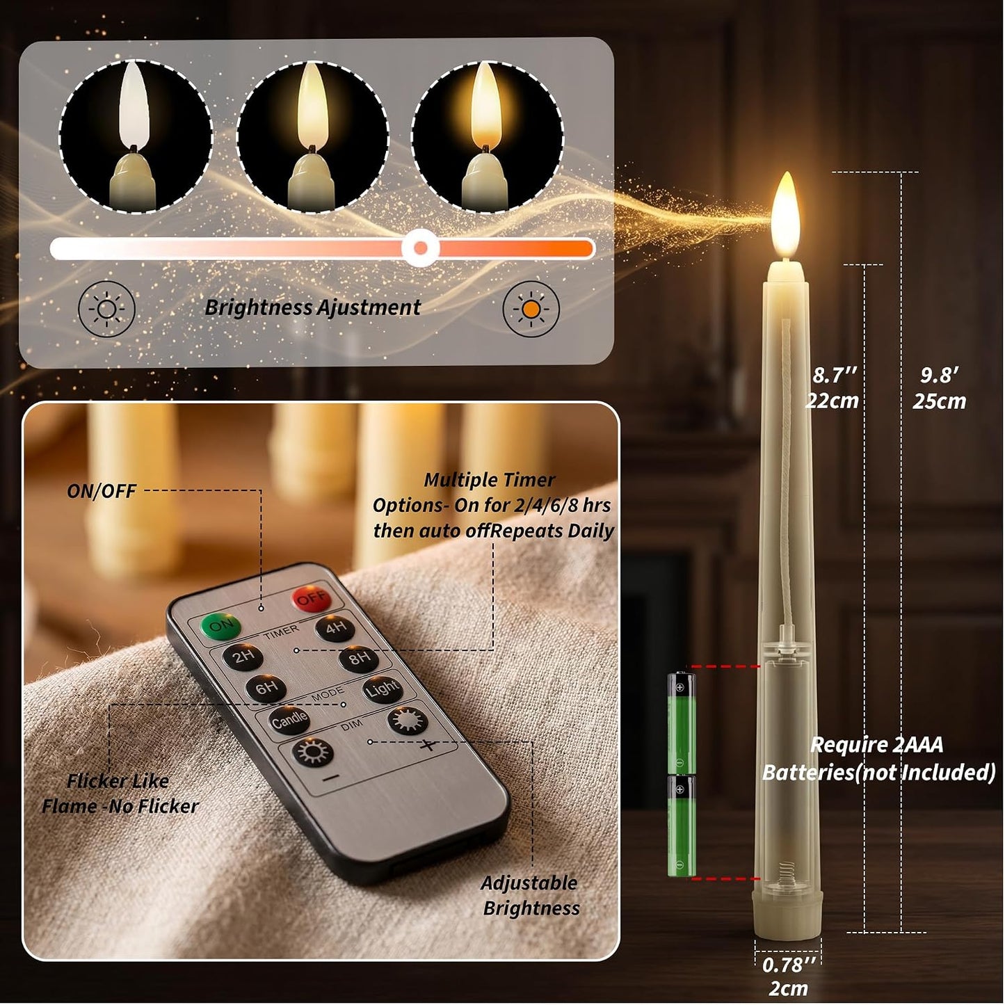 Flameless Taper Candles Ivory,3D Flickering Battery Operated LED Window Candles with 10-Key Remote,Warm Light Fake Candlesticks for Christmas Halloween Wedding Decor,0.78 X 10.6 Inch,Pack of 6