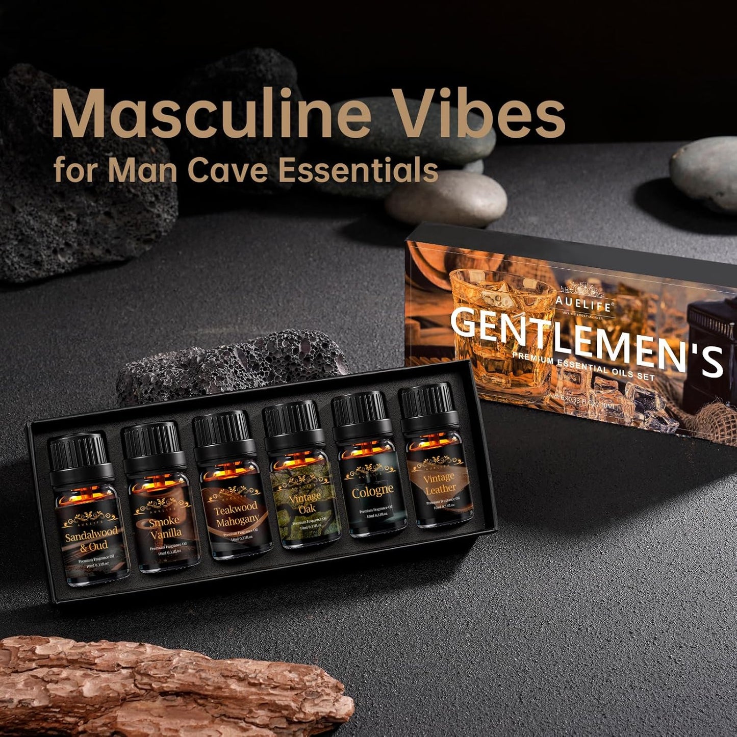 Men Essential Oils Set for Diffuser, Father's Day & Birthday Gift for Men - 6x10ml Masculine Fragrance Oils for Candle Making, Scented Oil Gift Set, Mahogany, Sandalwood, Cologne,Smoke Vanilla,Leather