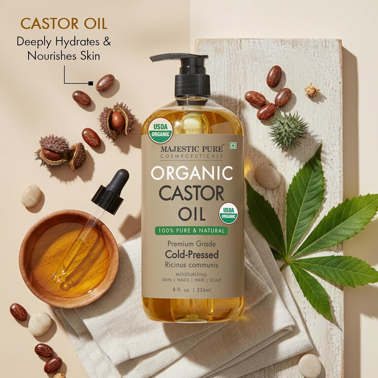 Majestic Pure Oil - 100% Pure and Natural- Cold Pressed & Hexane Free Natural Hair Growth Oil for Eyelashes, Eyebrows, Skin, Body, Face, Nails & Scalp - USDA Organic Castor Oil 8 Fl Oz