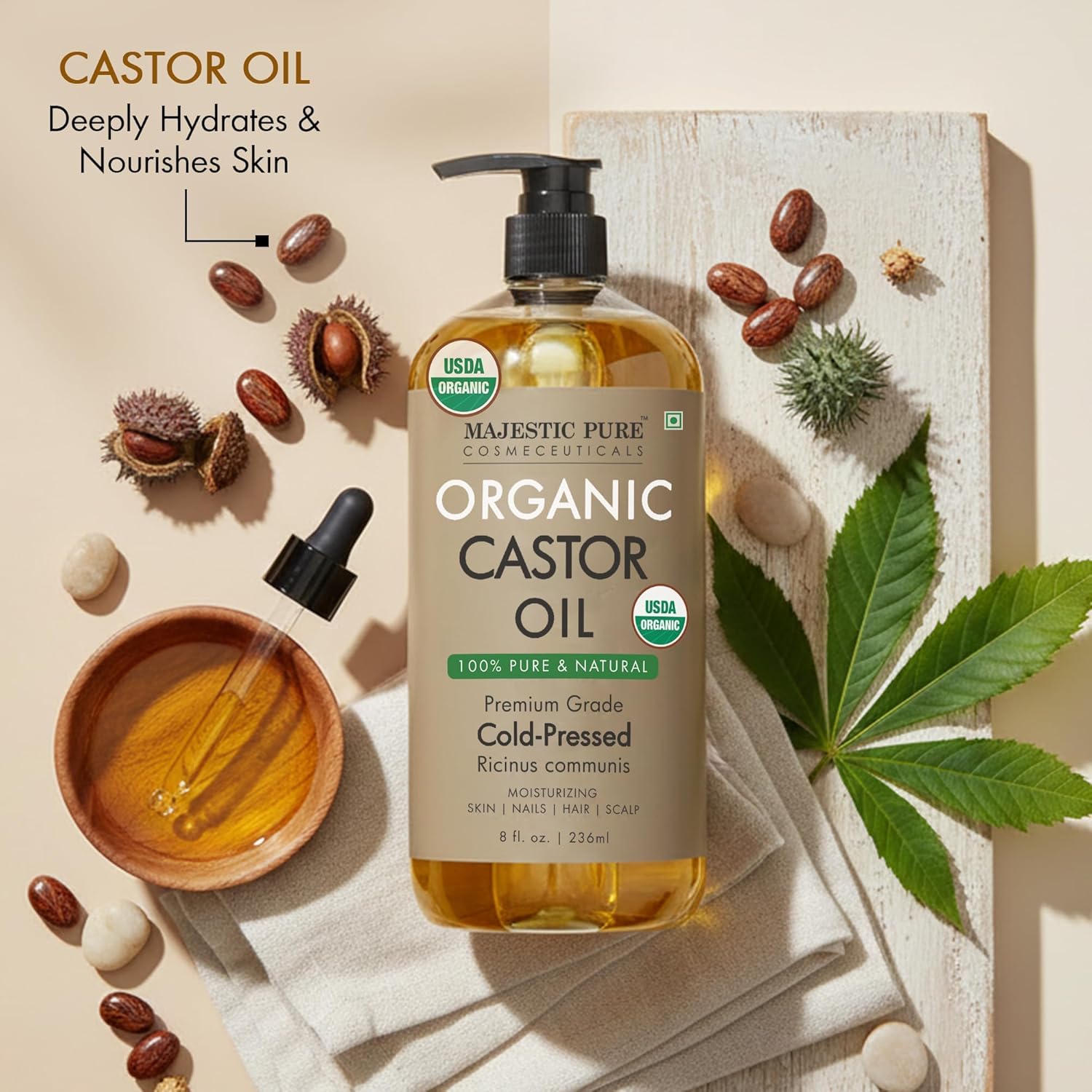 Majestic Pure Oil - 100% Pure and Natural- Cold Pressed & Hexane Free Natural Hair Growth Oil for Eyelashes, Eyebrows, Skin, Body, Face, Nails & Scalp - USDA Organic Castor Oil 8 Fl Oz