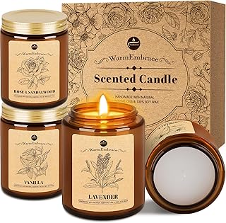 WarmEmbrace Lavender Candles, 4-Pack Scented Candle Set for Women, 7.6 oz Natural Organic Soy Wax in Glass Jar, 160 Hours Long-Lasting Burn, Perfect for Mother's Day, Birthday Gifting (4 Fragrance)