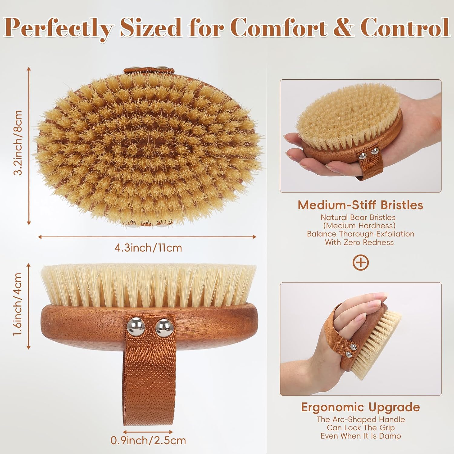 DEBETOOL Dry Brushing Body Brush - Natural Boar Bristle Dry Body Brush for Lymphatic Drainage, Cellulite, Blood（Medium Hardness）