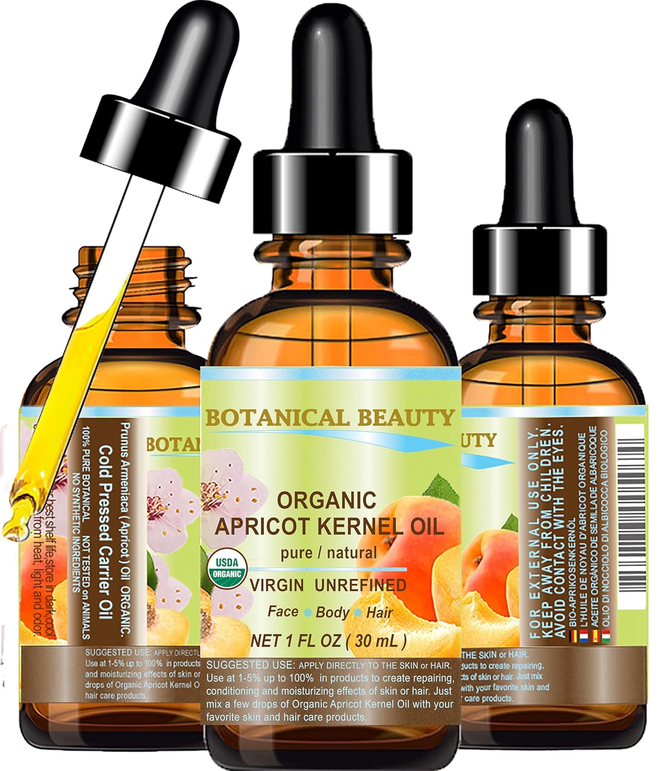 Botanical Beauty ORGANIC APRICOT KERNEL OIL Australian. 100% Pure Virgin Unrefined Cold Pressed Carrier Oil 1 oz- 30 ml. For Face, Hair, Body, Nails, Skin, Anti - aging