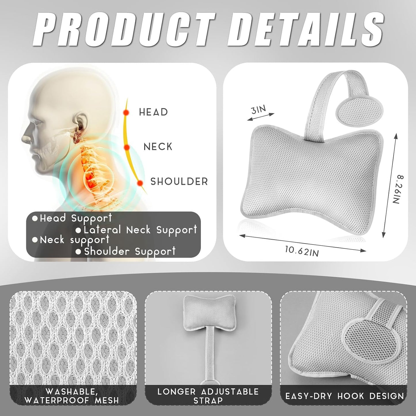 2 Pcs Hot Tub Spa Pillows for Outdoor Indoor Inflatable Bathtub 10.62 x 8.26 Inch Universal Hot Tub Accessories Patio Lounge Chair Headrest Neck Support with Adjustable Hook for Spa Bathtub (Grey)