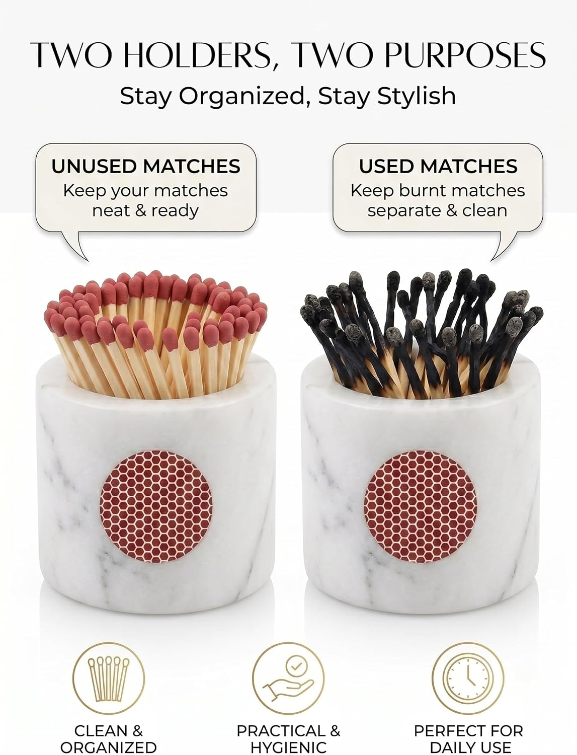 Marble Match Holder with Striker, Set of 2 – White Matchstick Holder with Side Striker, Decorative Matches Jar for Fireplace, Candle, Bathroom Decor, Housewarming Gift (Matches Not Included)