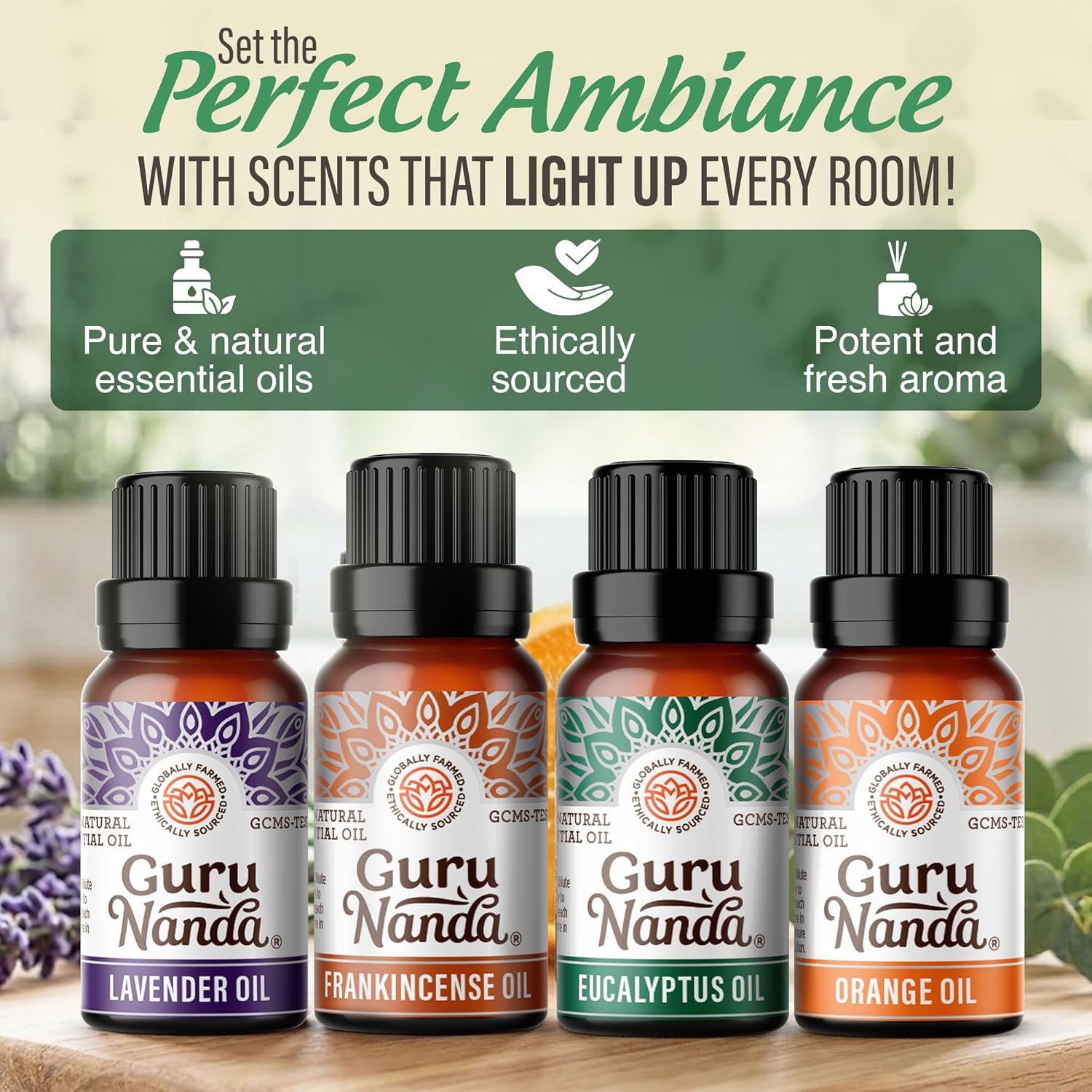 GuruNanda Essential Oils Set (Pack of 4 x 0.5 Fl Oz) - Pure, Natural Frankincense, Lavender, Eucalyptus & Orange Aromatherapy Oils for Diffusers, DIY & Home Use