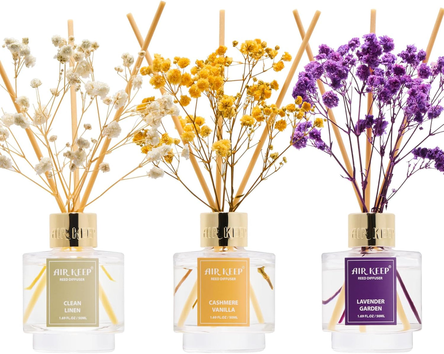 Airkeep Reed Diffuser Set of 3,Clean Linen Cashmere Vanilla Lavender Garden Oil Reed Diffusers for Bedroom Living Room Office Aromatherapy Oil Reed Diffuser for Gift 50ml x 3