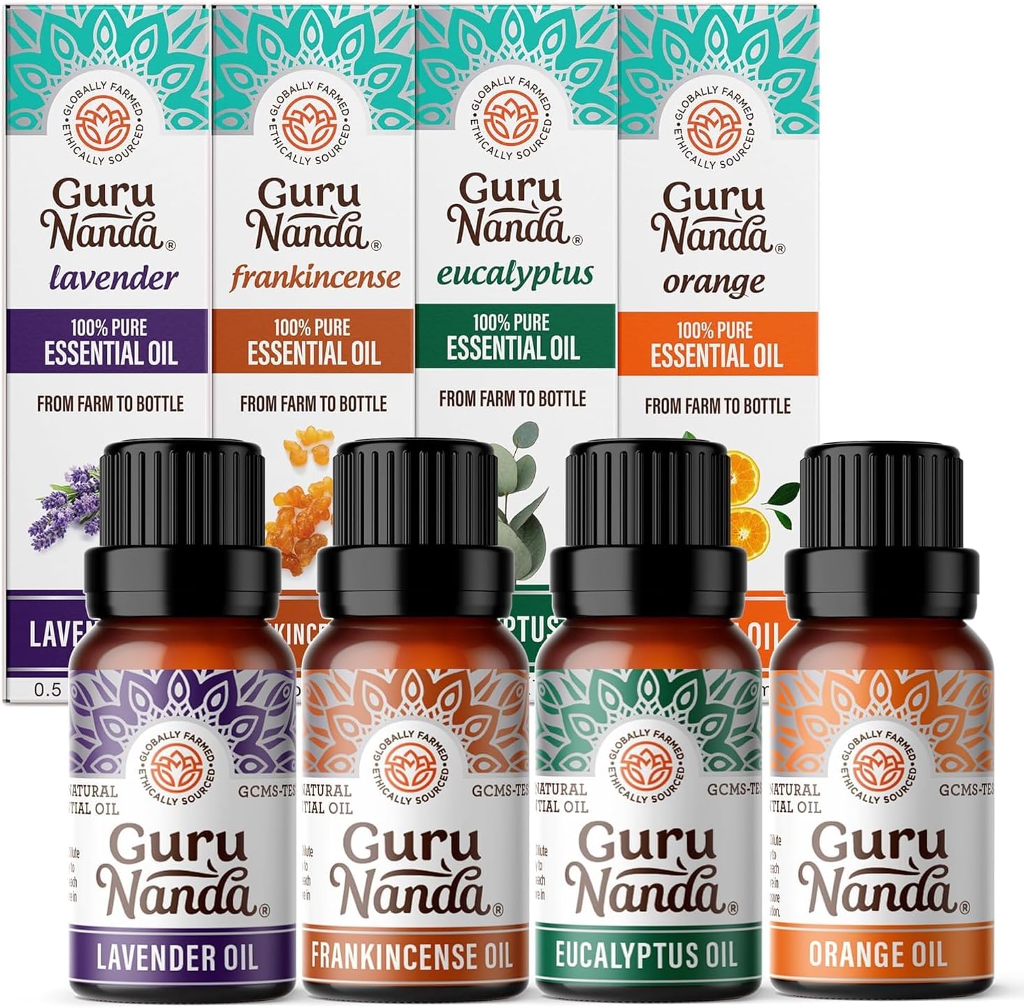 GuruNanda Essential Oils Set (Pack of 4 x 0.5 Fl Oz) - Pure, Natural Frankincense, Lavender, Eucalyptus & Orange Aromatherapy Oils for Diffusers, DIY & Home Use
