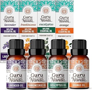 GuruNanda Essential Oils Set (Pack of 4 x 0.5 Fl Oz) - Pure, Natural Frankincense, Lavender, Eucalyptus & Orange Aromatherapy Oils for Diffusers, DIY & Home Use