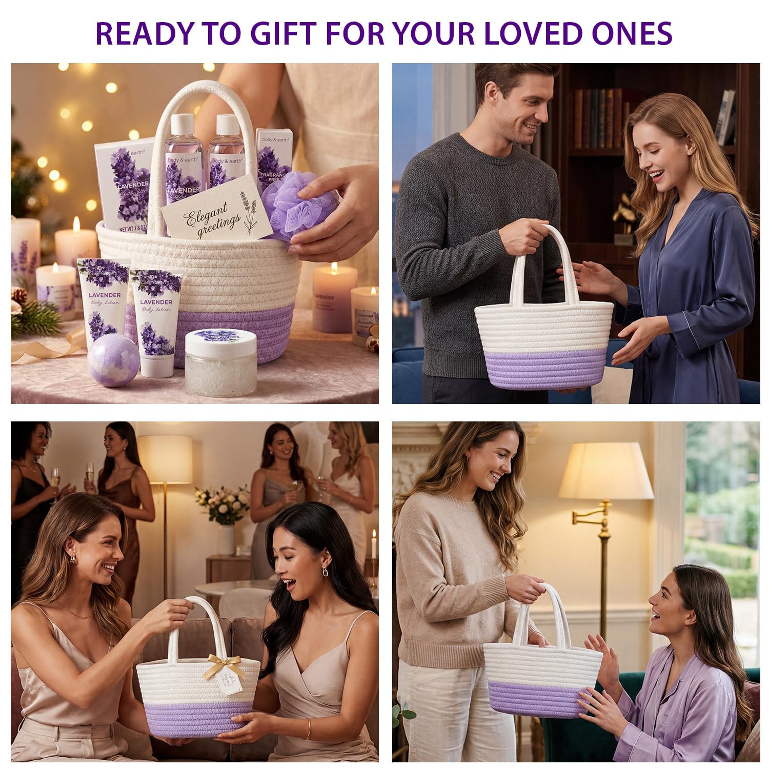 BODY & EARTH Spa Gift Baskets for Women 11pcs Lavender Gift Sets with Bubble Bath, Shower Gel, Body Lotion, Mom Birthday Gifts, Spa Kit, Purple Gift for Her, Mothers Day Gifts for Mom