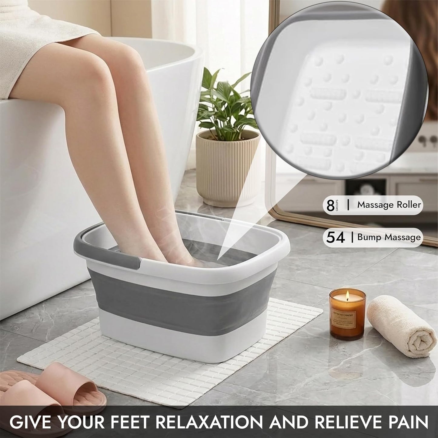 SSKT Collapsible Foot Bath Soak Tub with Handle – Portable Foldable Foot Spa Basin for Soaking Feet, Pedicure, Detox & Relaxation – Plastic Foot Soaker for Home & Travel (Grey)