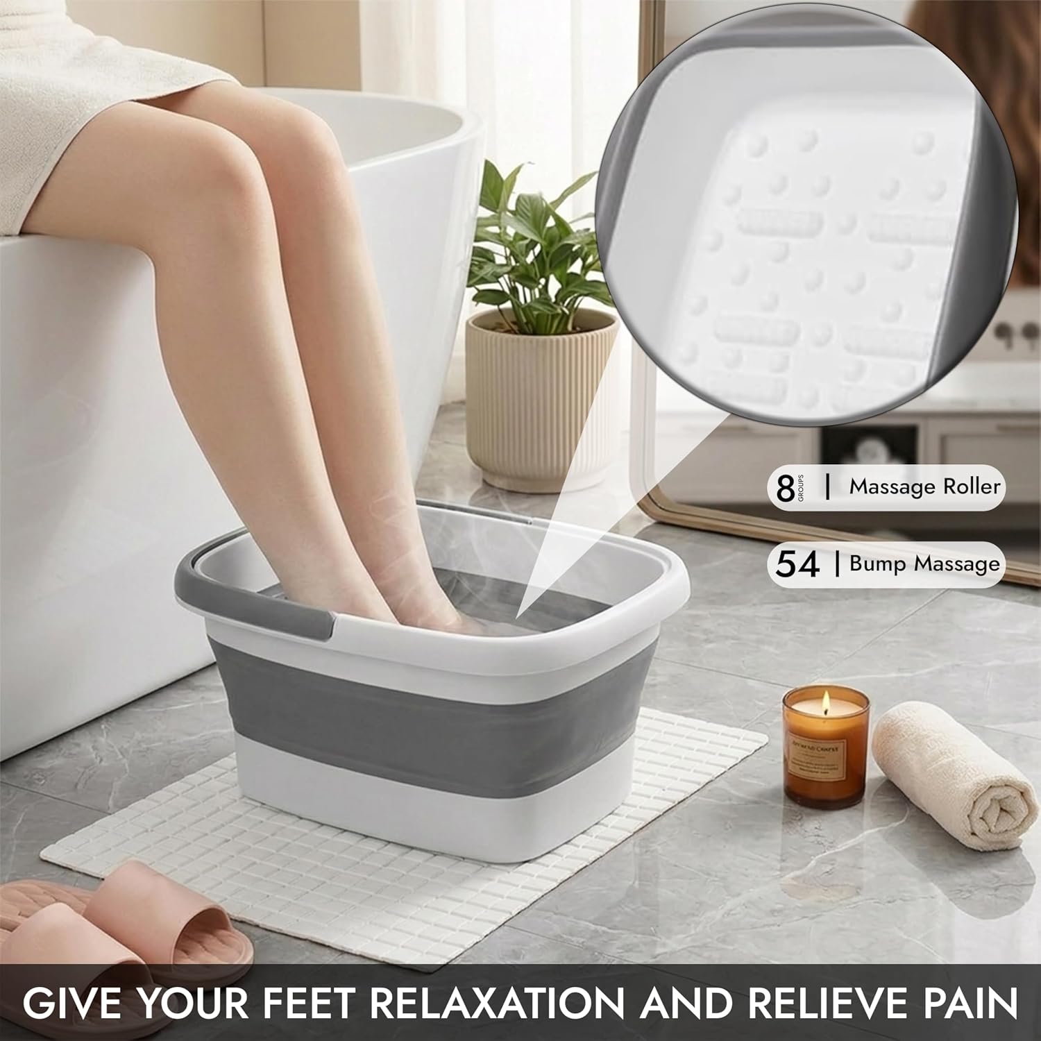 SSKT Collapsible Foot Bath Soak Tub with Handle – Portable Foldable Foot Spa Basin for Soaking Feet, Pedicure, Detox & Relaxation – Plastic Foot Soaker for Home & Travel (Grey)