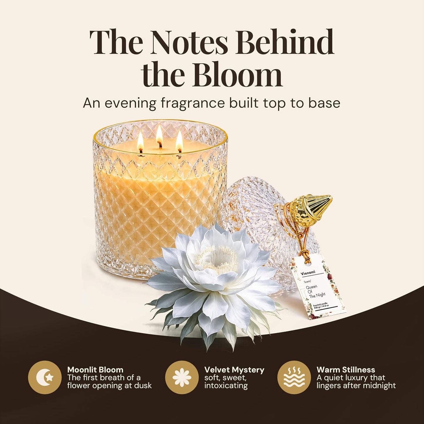 VIONAMI Luxury Scented Candle Gift – Queen of The Night Rare Flower Fragrance in Elegant Glass Jar, Decorative Soy Candles Gifts for Women, Long-Lasting 80 Hr, 14.8 oz, Luxury Candles for Women
